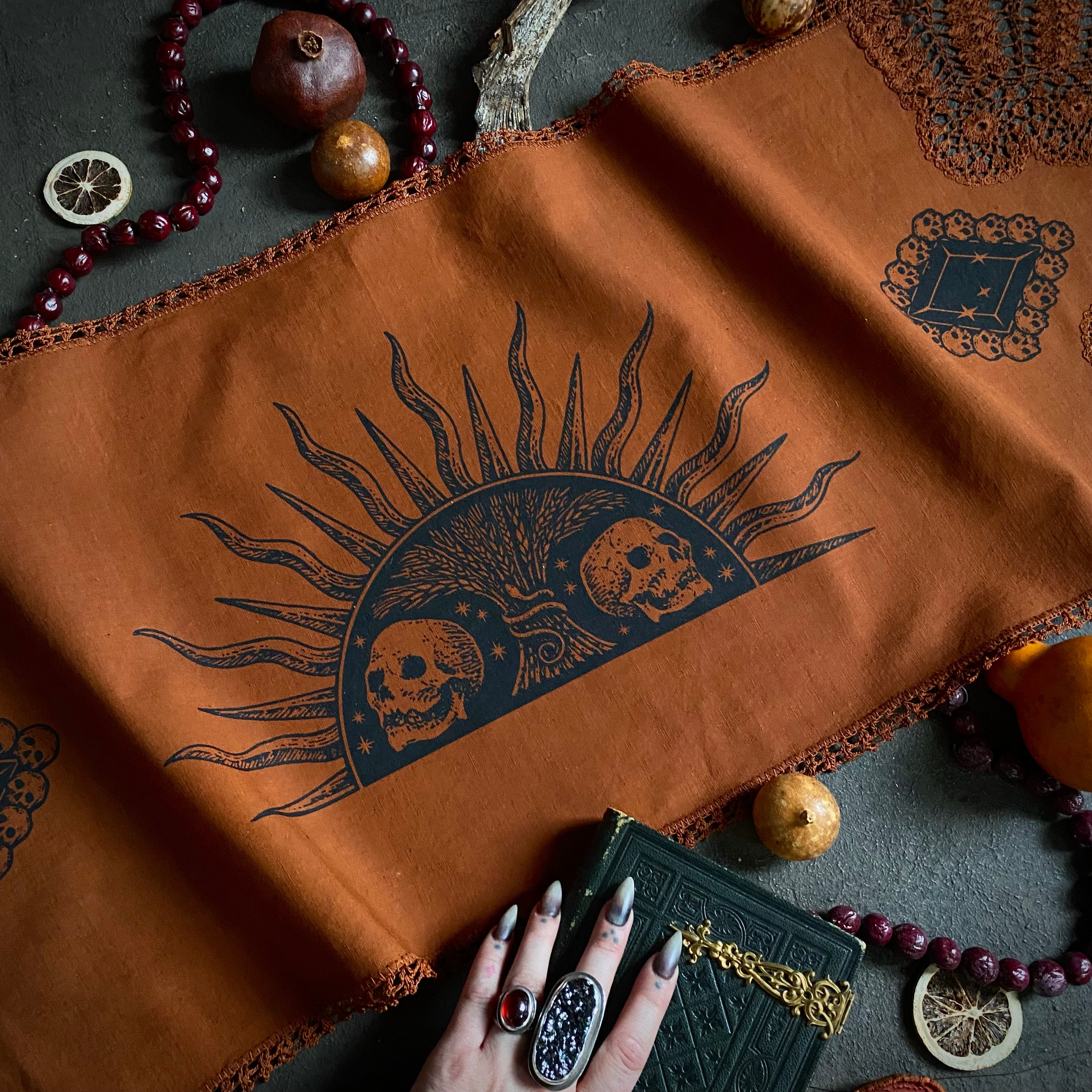 Harvest Sun altar cloth runner in Rust, one-of-a-kind