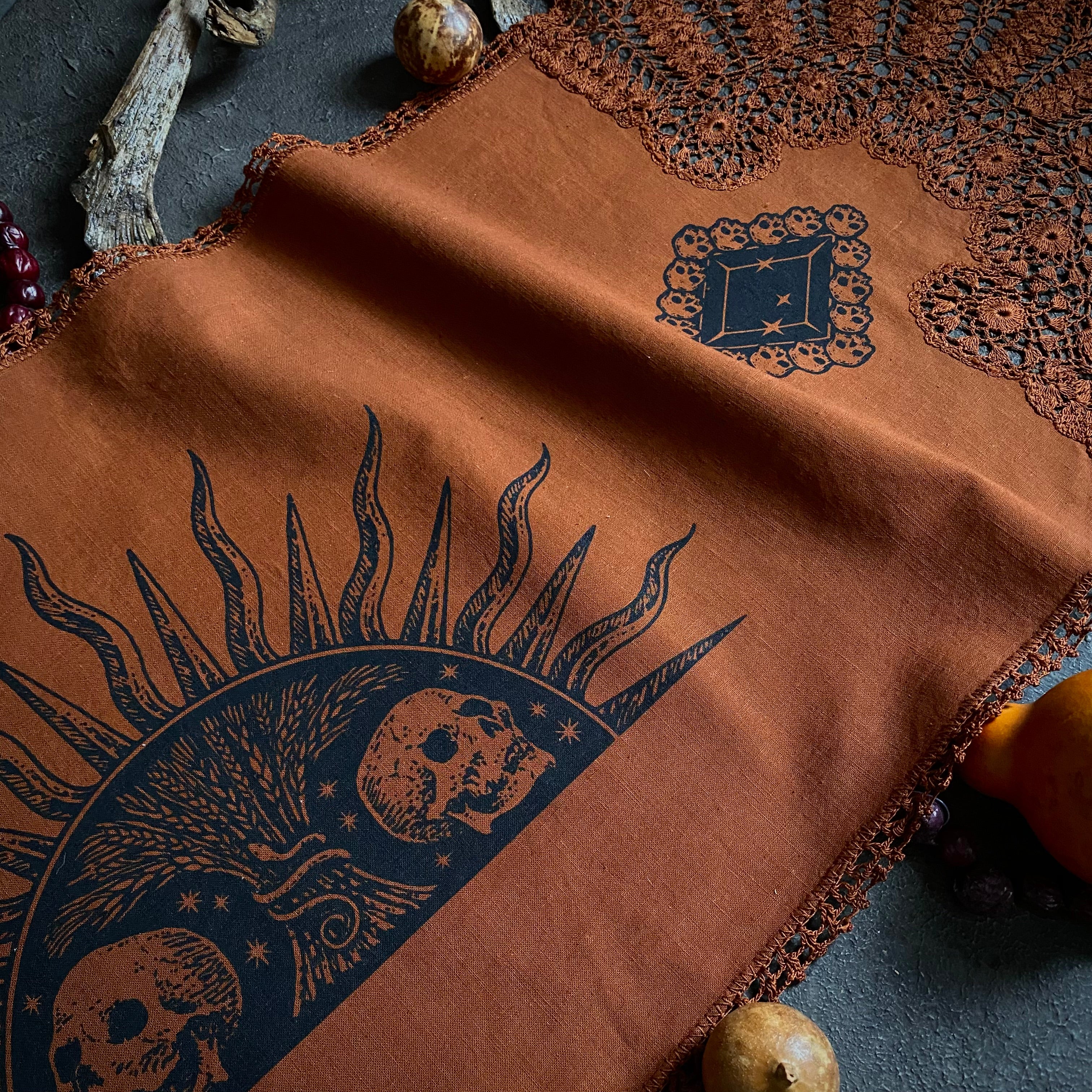 Harvest Sun altar cloth runner in Rust, one-of-a-kind