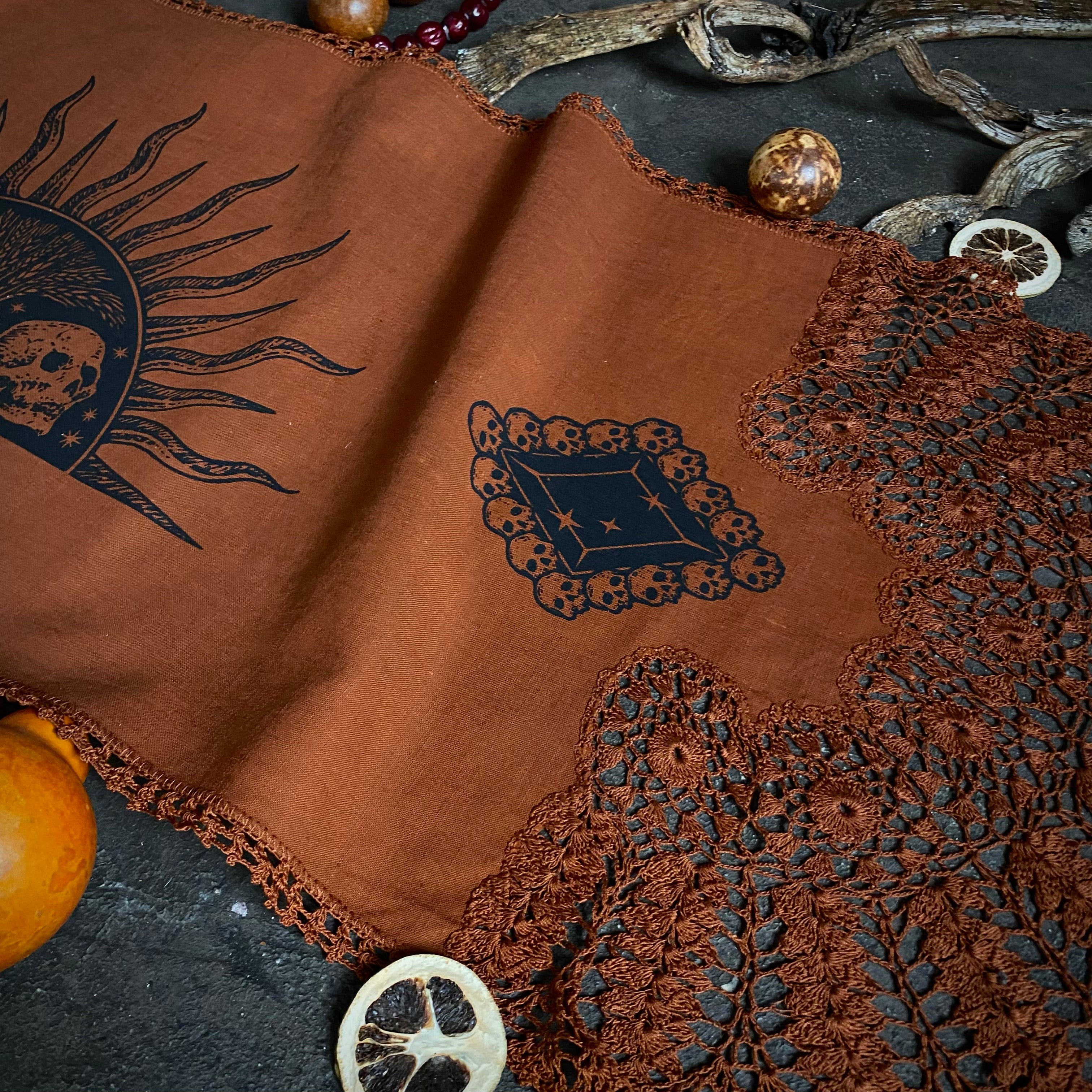 Harvest Sun altar cloth runner in Rust, one-of-a-kind