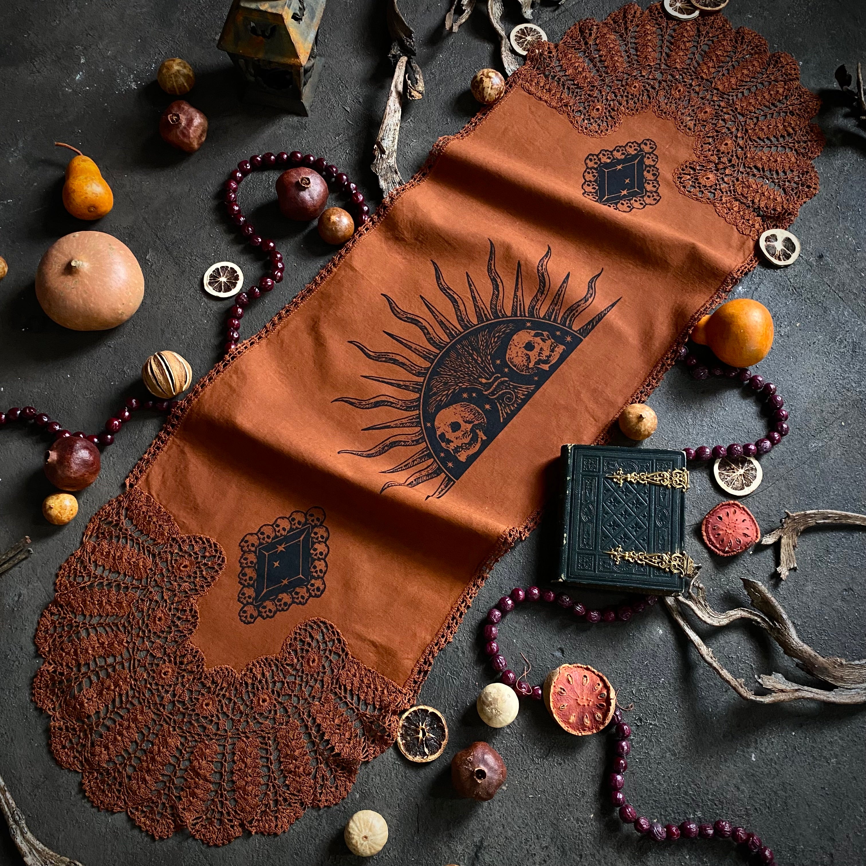 Harvest Sun altar cloth runner in Rust, one-of-a-kind