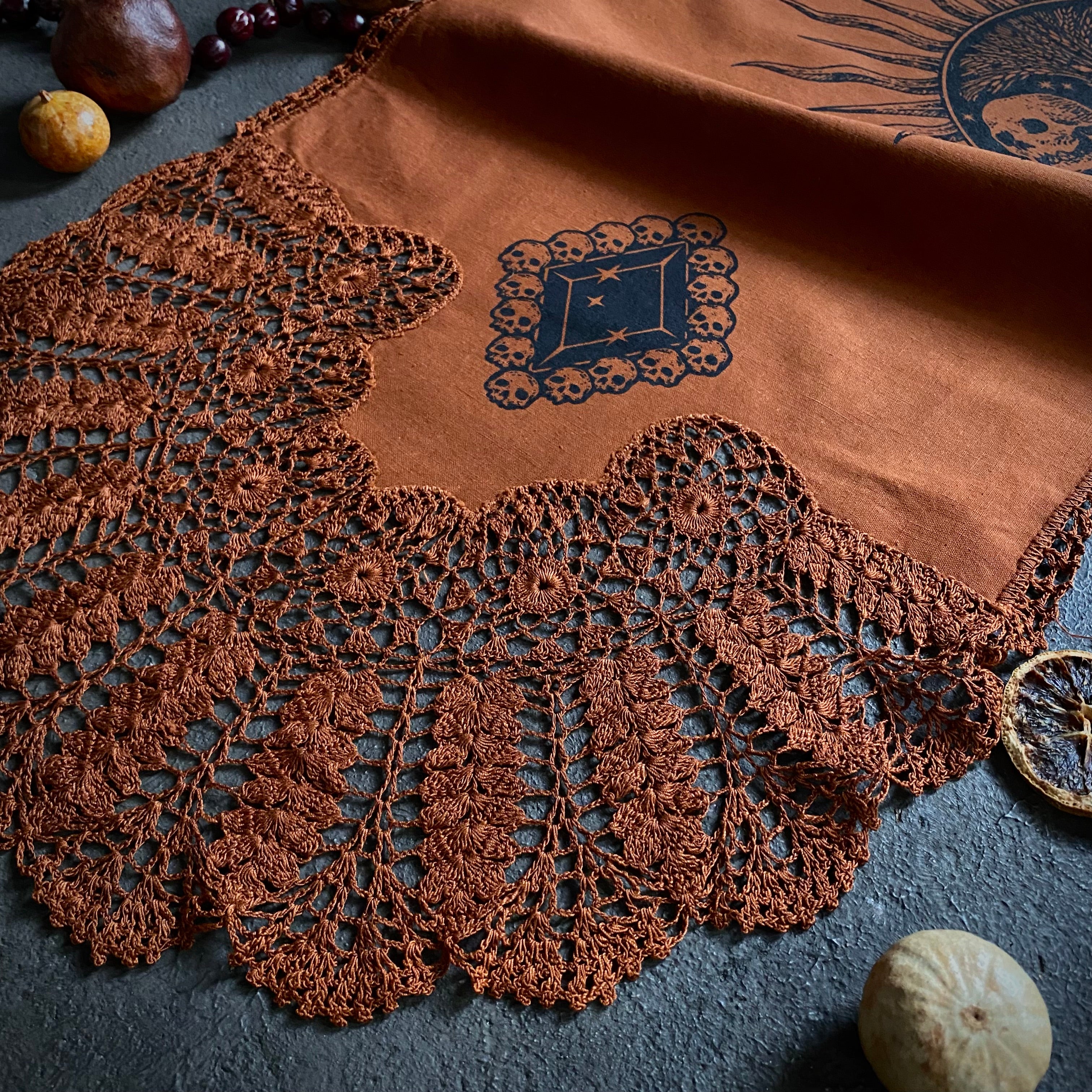 Harvest Sun altar cloth runner in Rust, one-of-a-kind