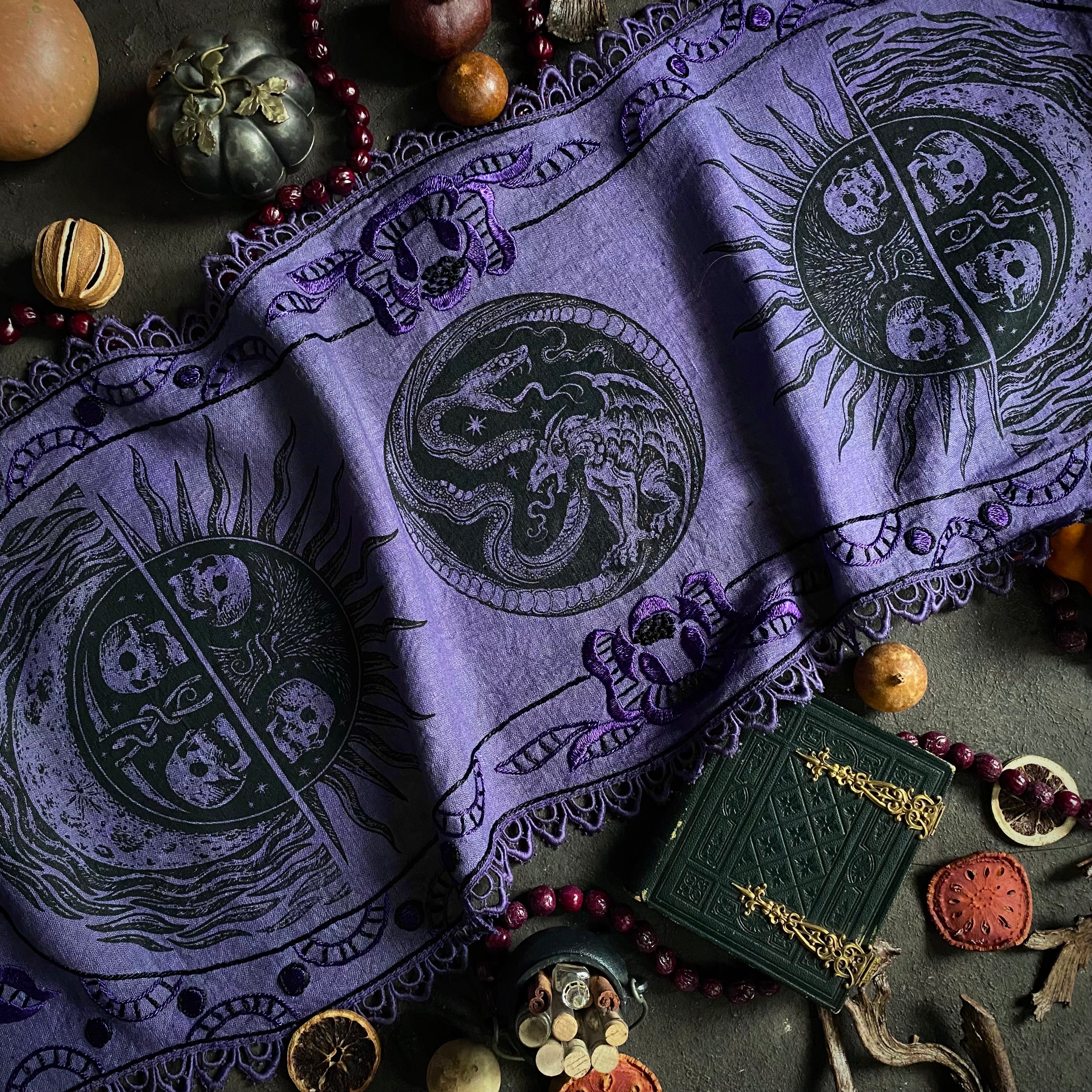 Serpent Hour altar cloth runner in Violet, one-of-a-kind