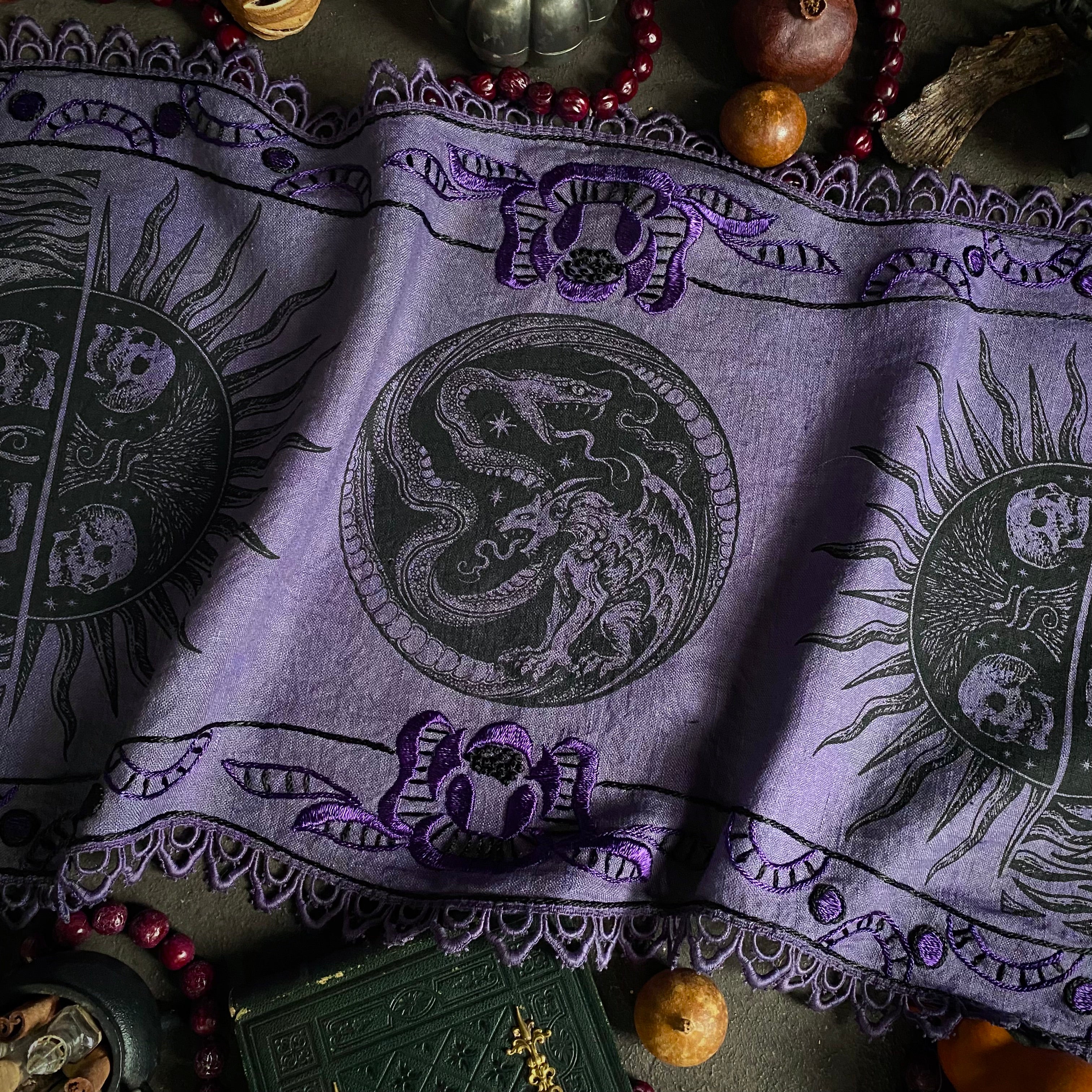 Serpent Hour altar cloth runner in Violet, one-of-a-kind