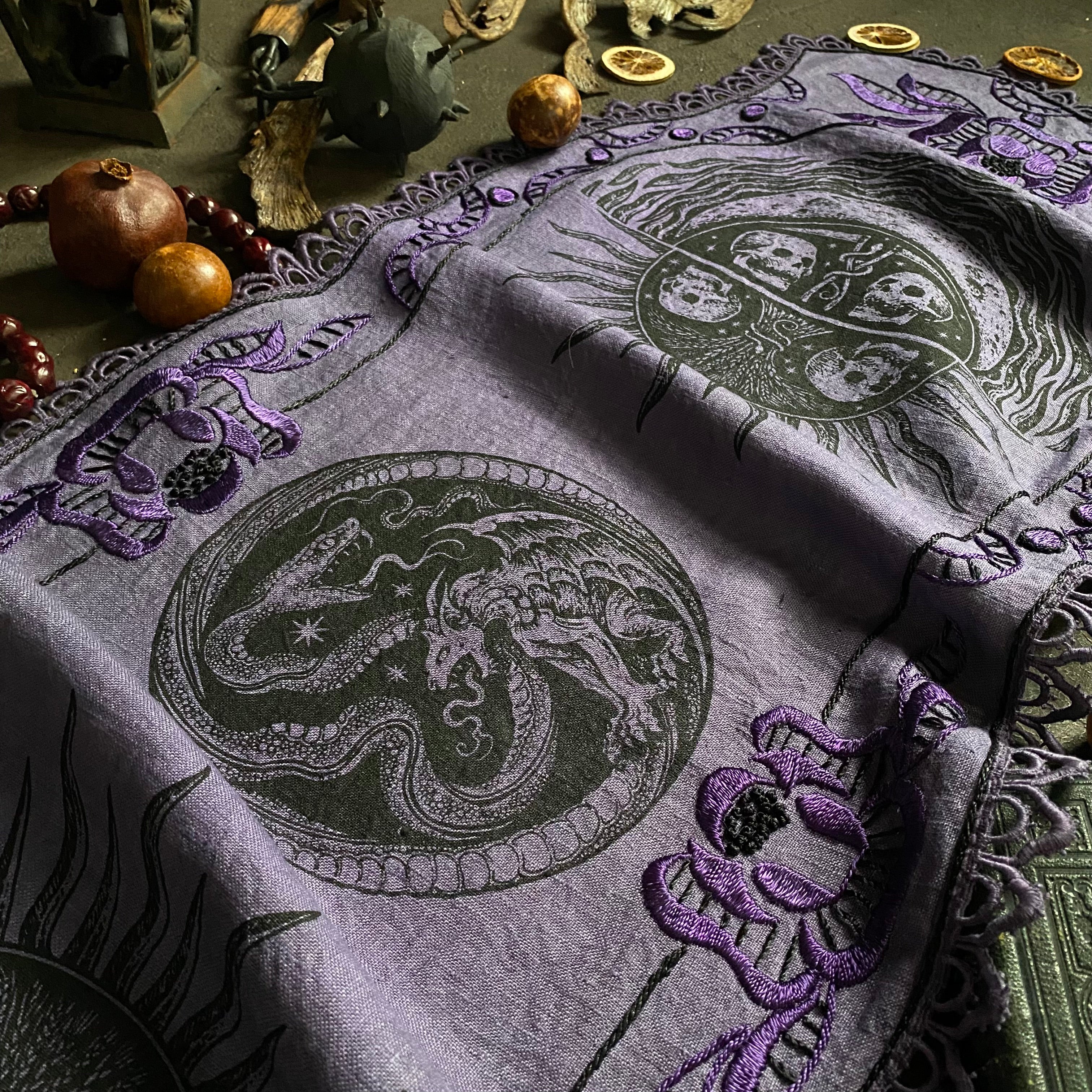 Serpent Hour altar cloth runner in Violet, one-of-a-kind
