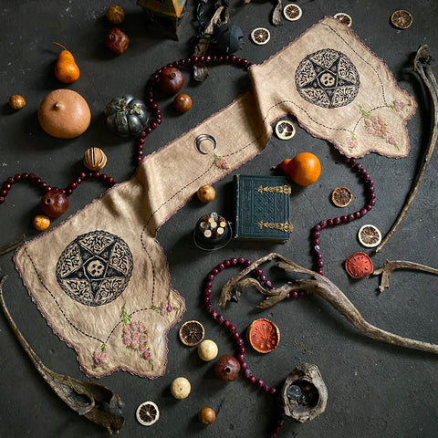 Woven Pentagram altar cloth dresser scarf in Cornstalk, one-of-a-kind