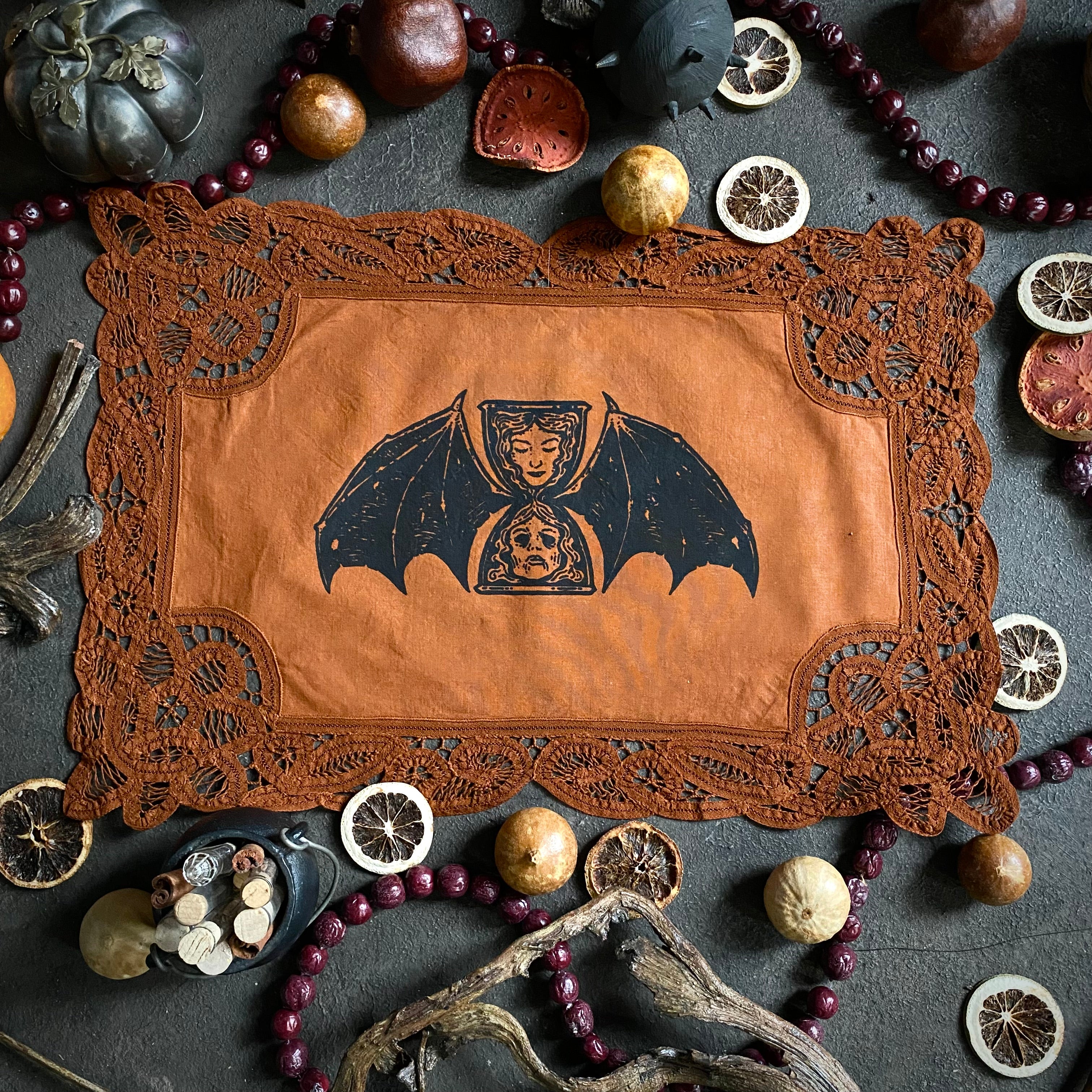 Tempus Fugit altar cloth in Rust, one-of-a-kind