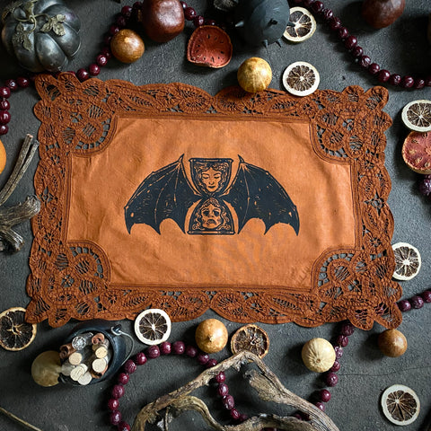 Tempus Fugit altar cloth in Rust, one-of-a-kind
