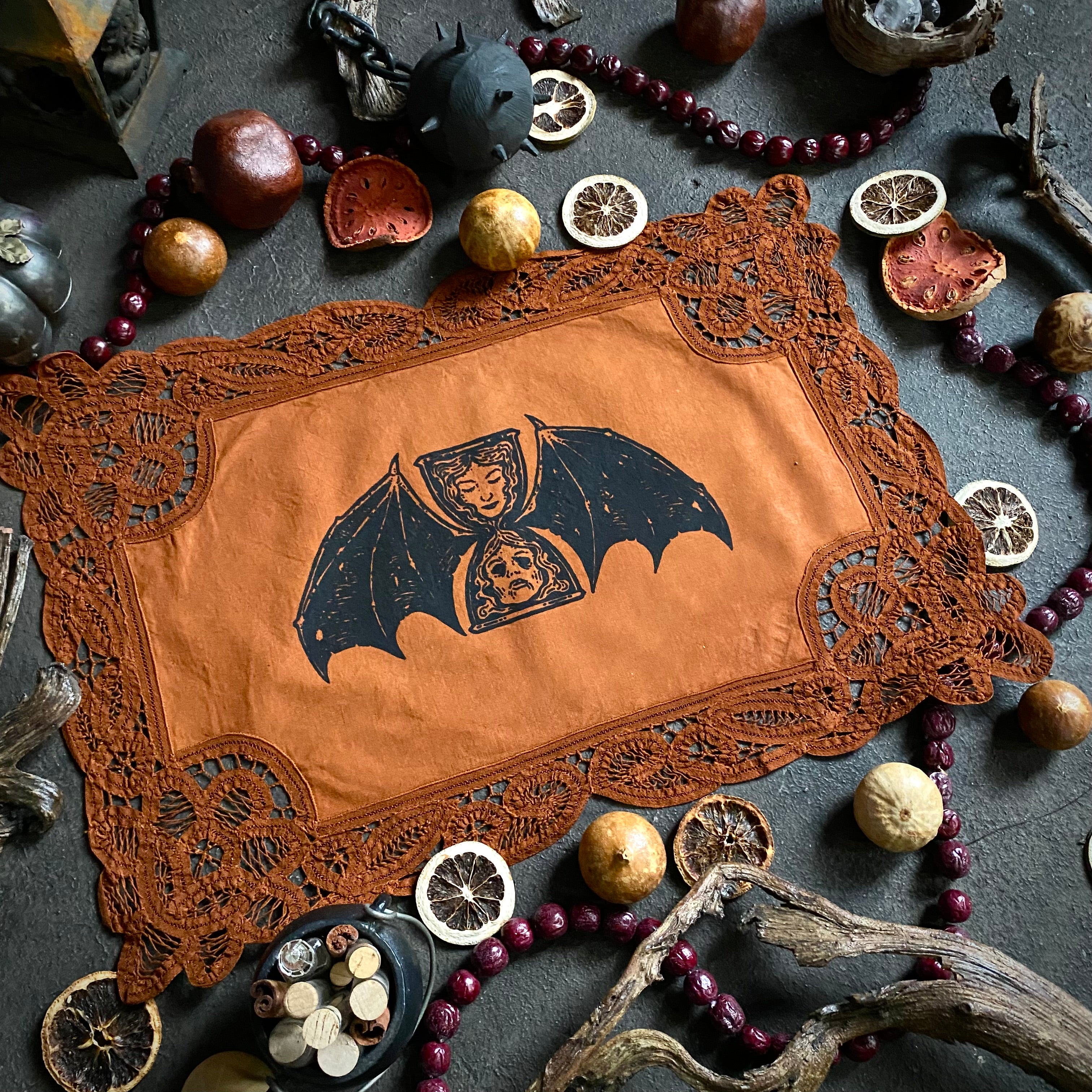 Tempus Fugit altar cloth in Rust, one-of-a-kind