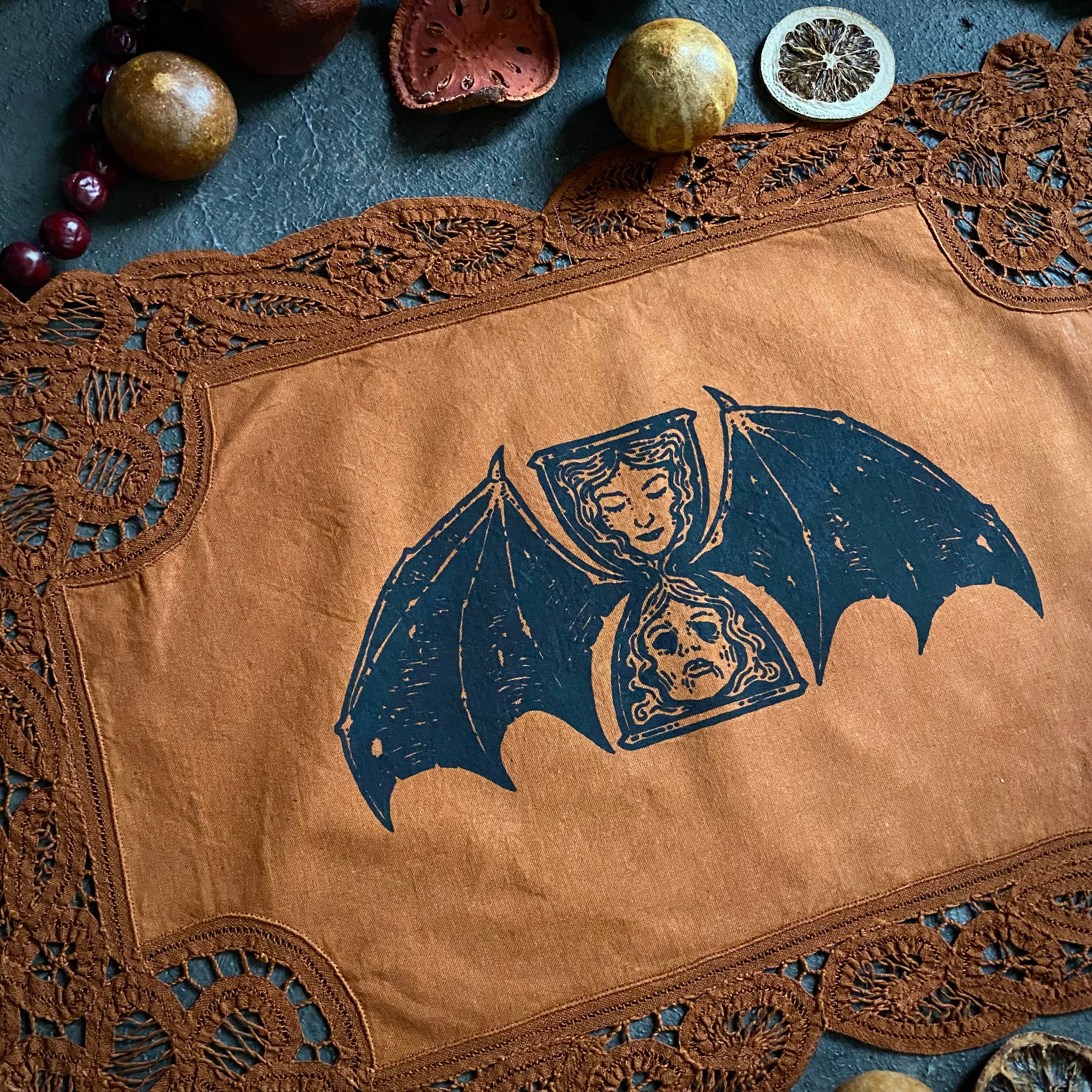 Tempus Fugit altar cloth in Rust, one-of-a-kind
