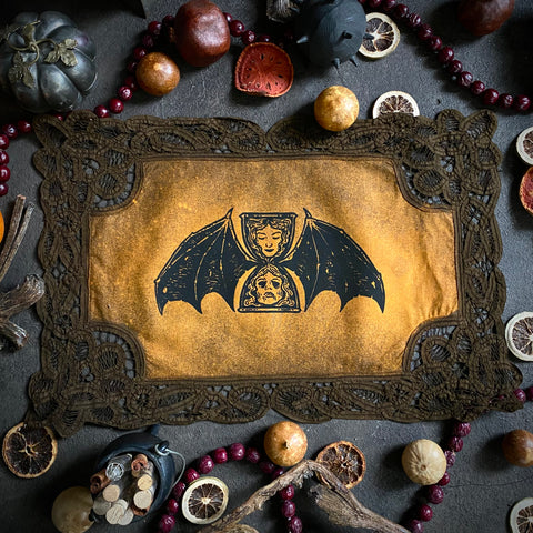 Tempus Fugit altar cloth in Pumpkin Speckle, one-of-a-kind