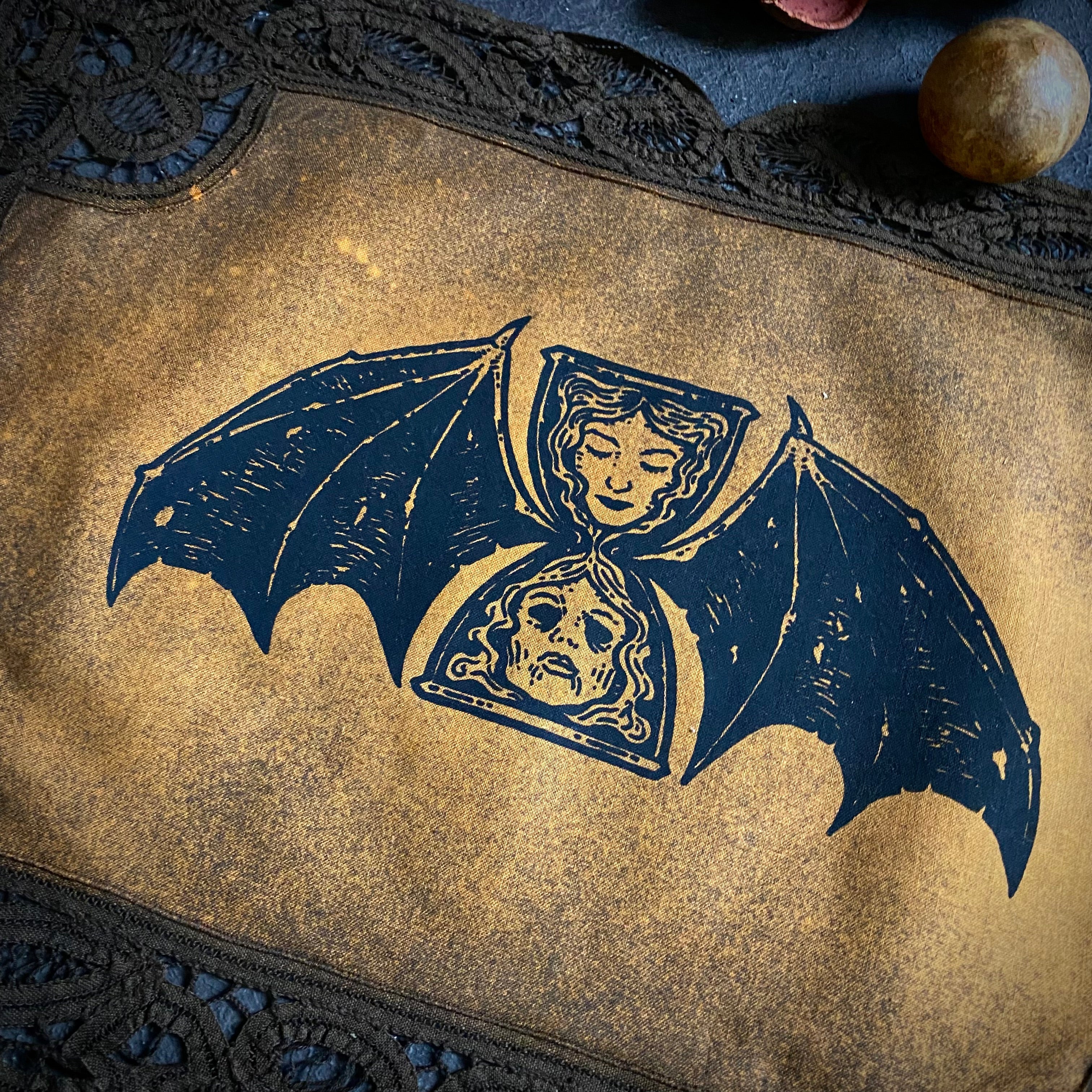 Tempus Fugit altar cloth in Pumpkin Speckle, one-of-a-kind