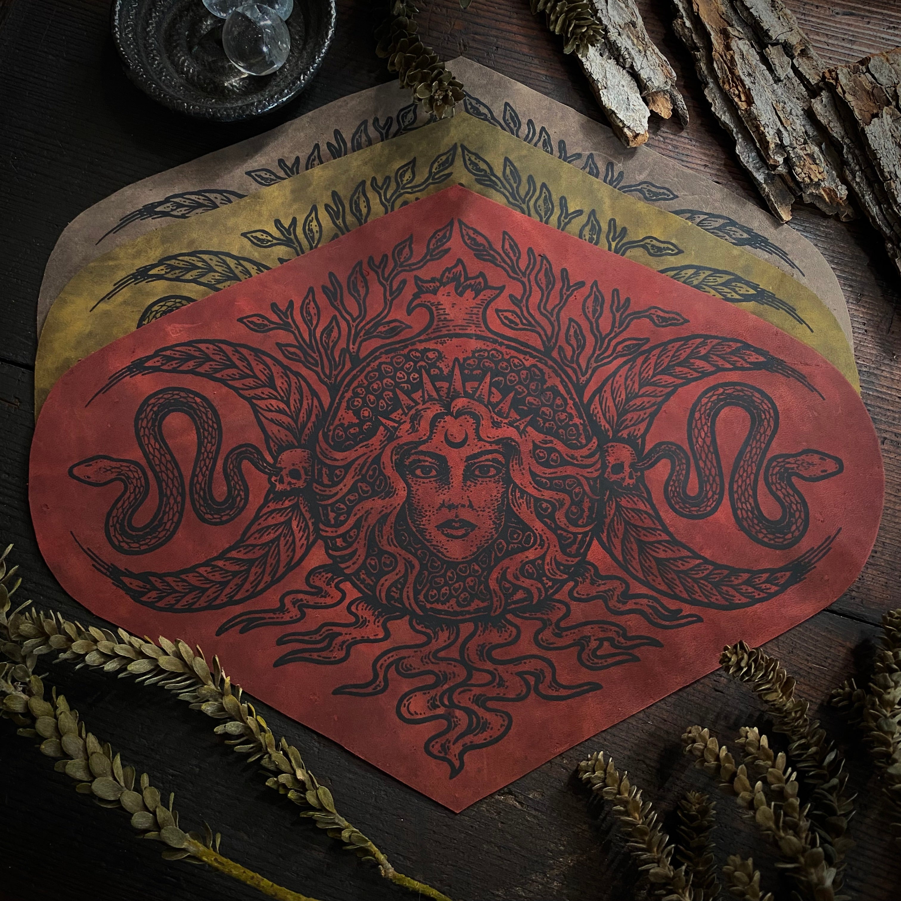 Persephone leather patch and altar cloth