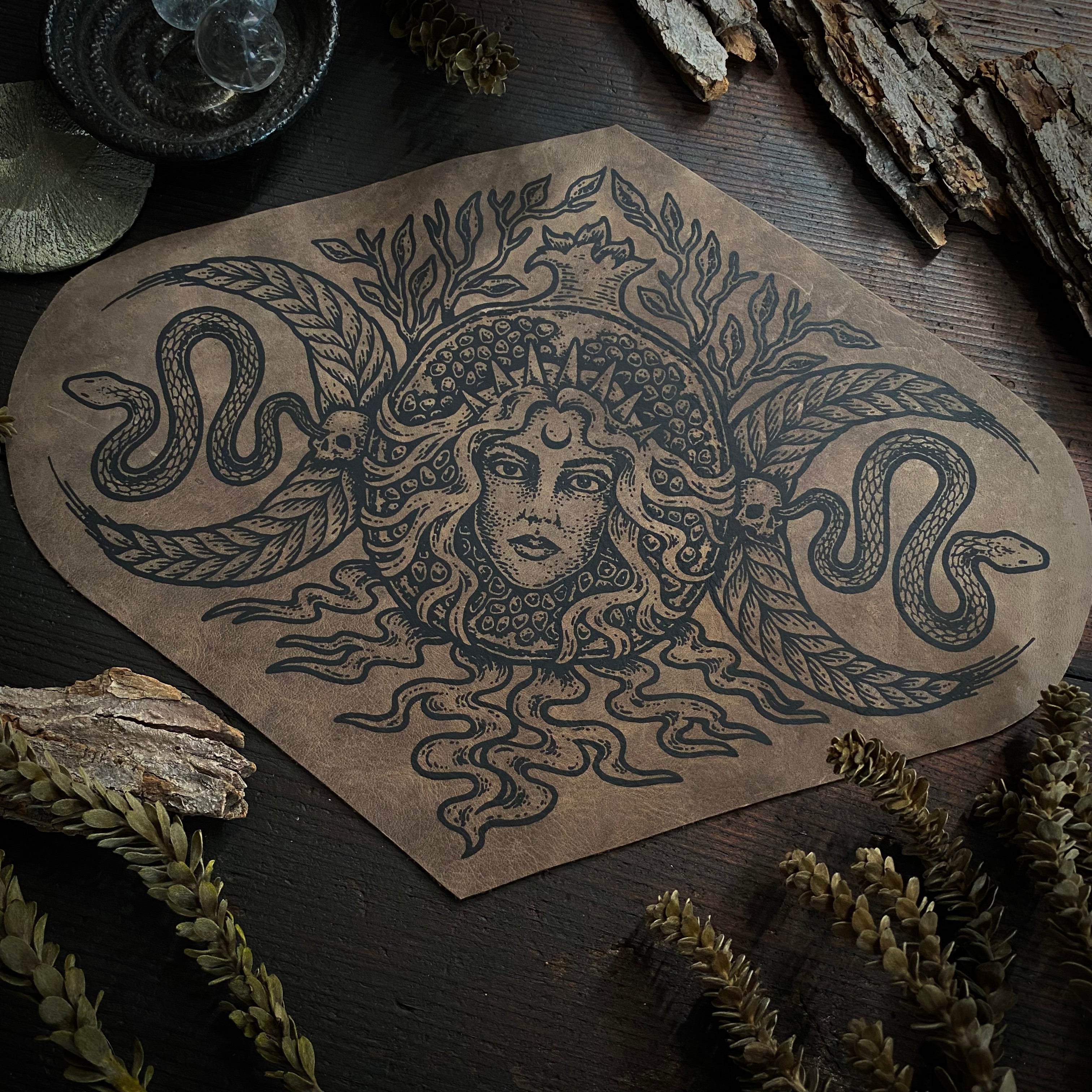 Persephone leather patch and altar cloth