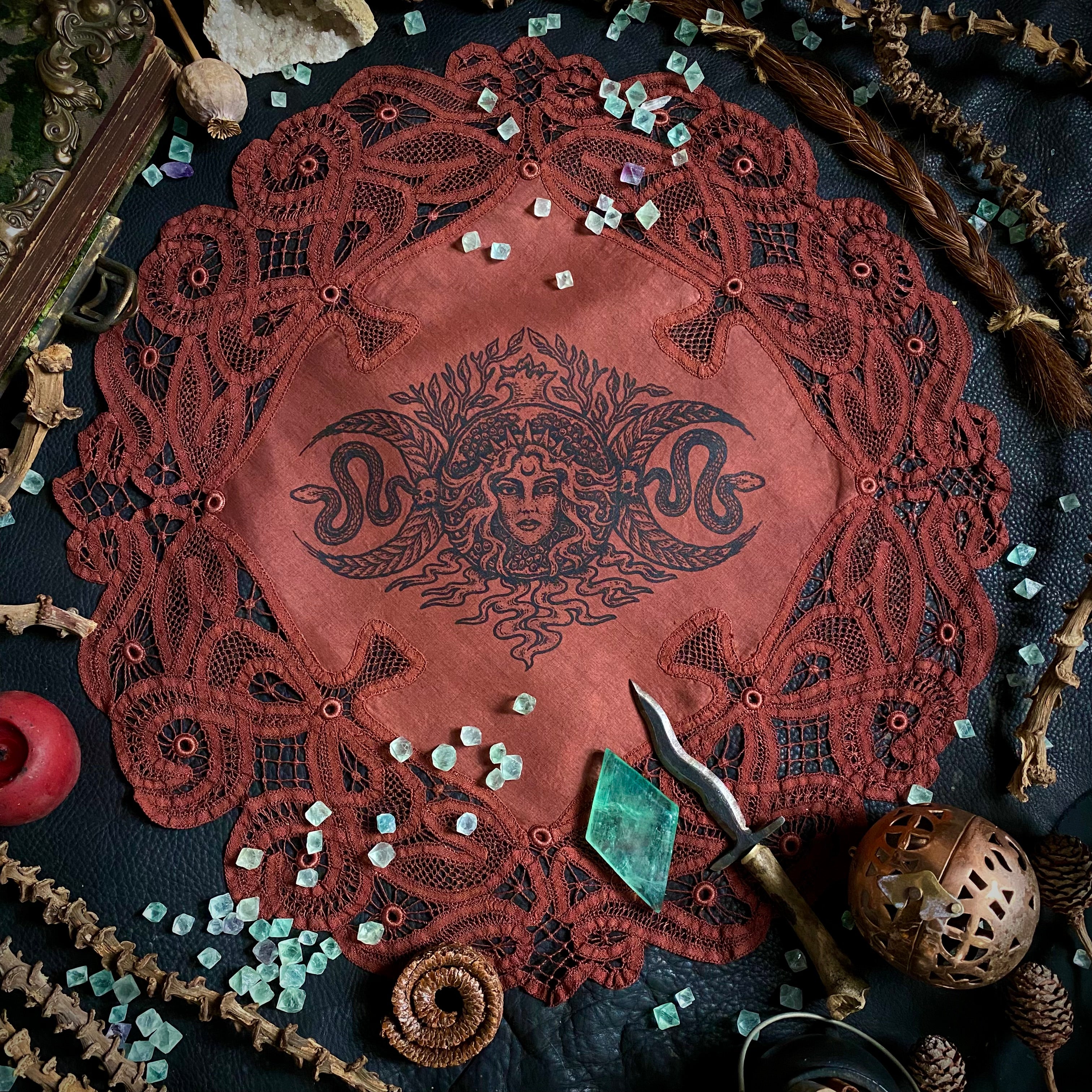 Persephone round altar cloth in Pomegranate, one-of-a-kind