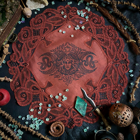 Persephone round altar cloth in Pomegranate, one-of-a-kind