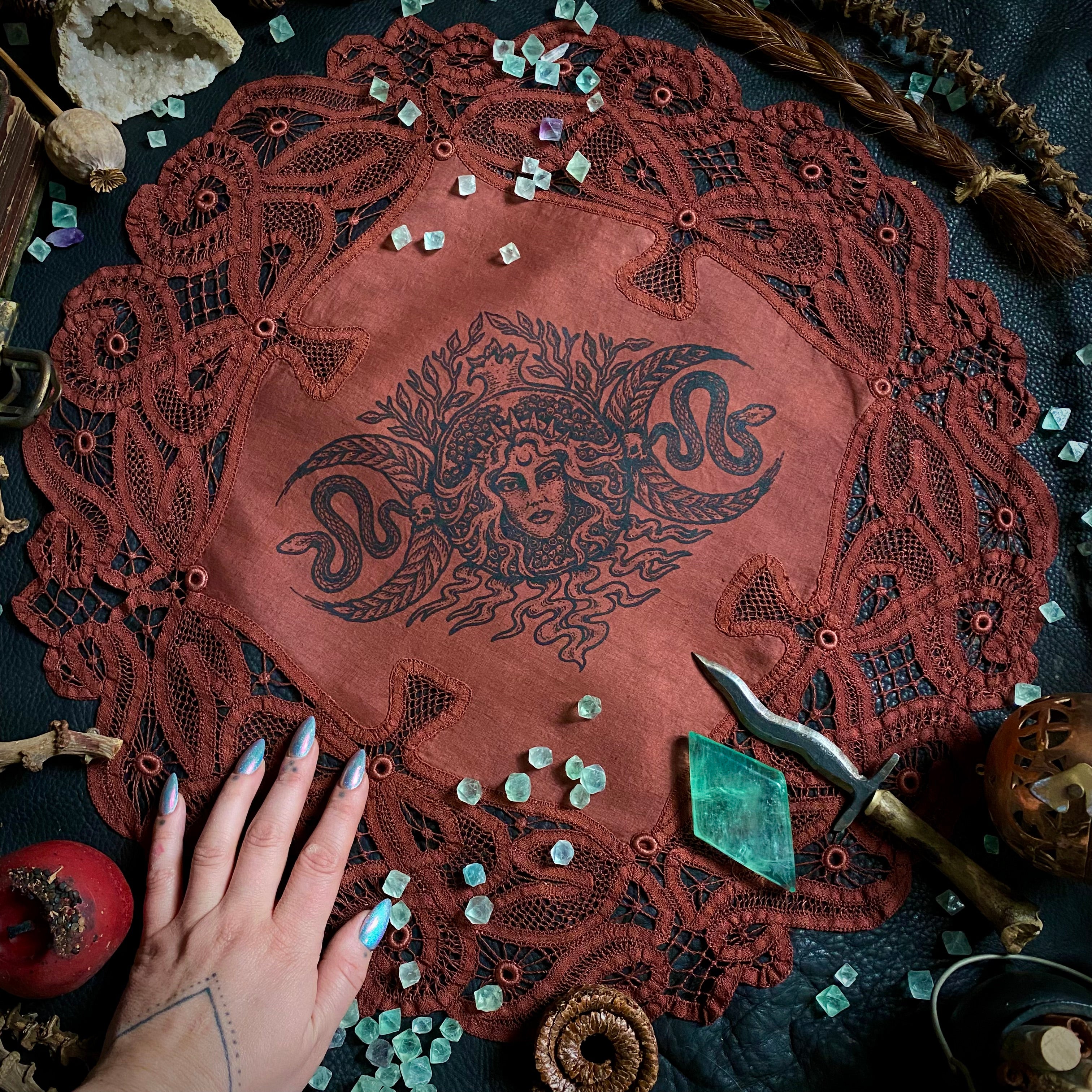 Persephone round altar cloth in Pomegranate, one-of-a-kind