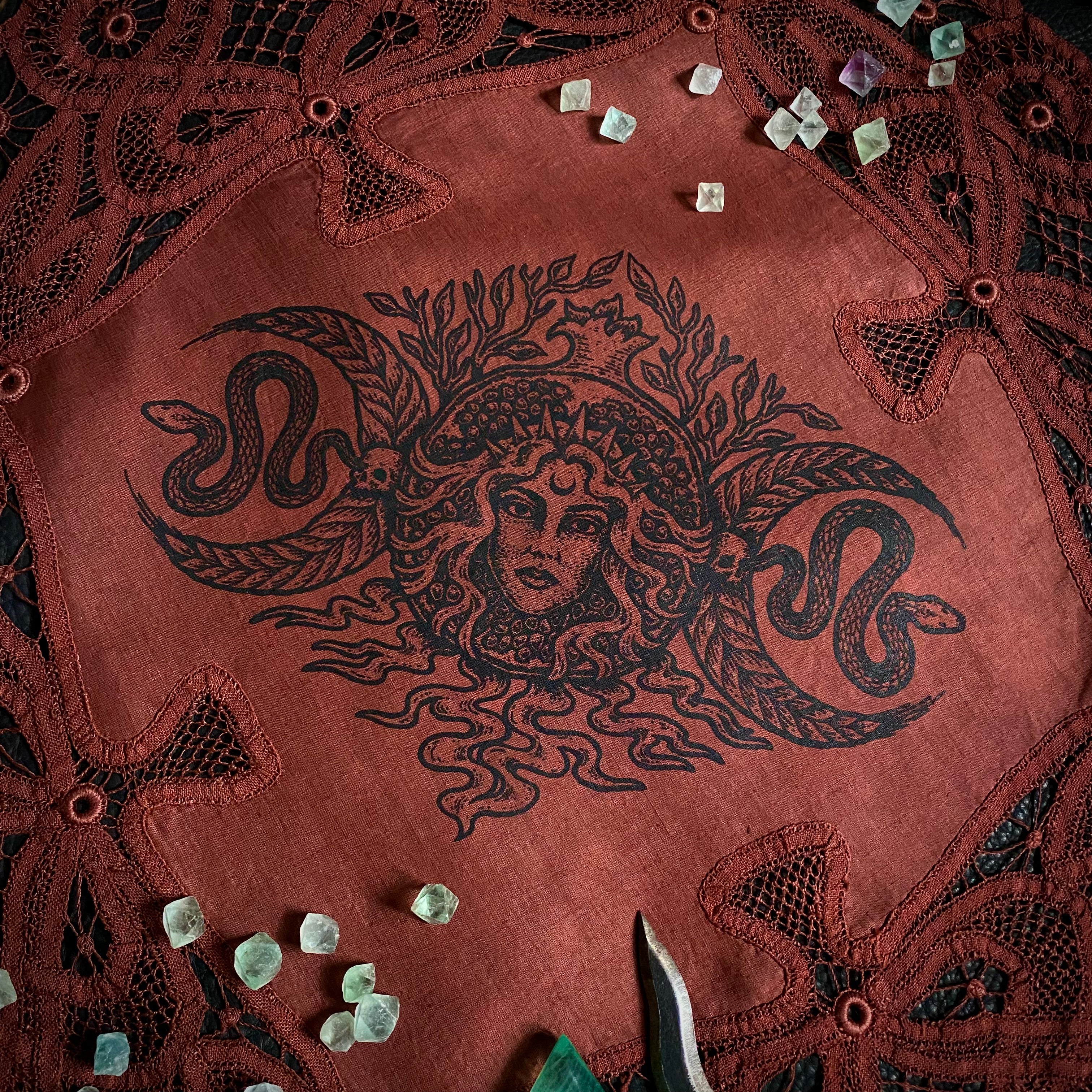 Persephone round altar cloth in Pomegranate, one-of-a-kind