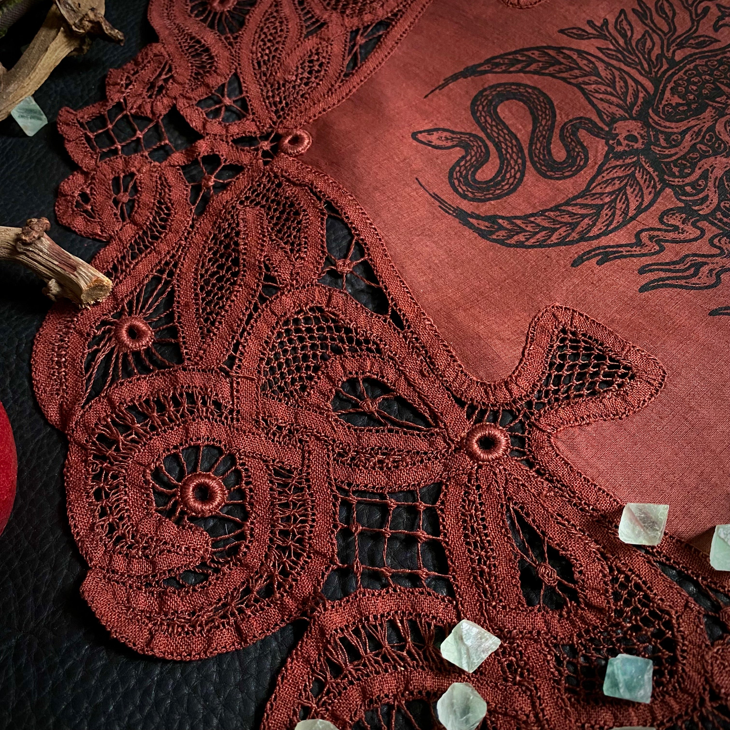 Persephone round altar cloth in Pomegranate, one-of-a-kind