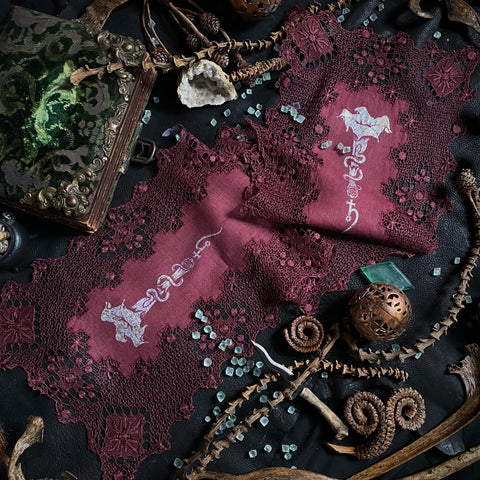 Dual Datura altar cloth runner in Faerie Wine, one-of-a-kind