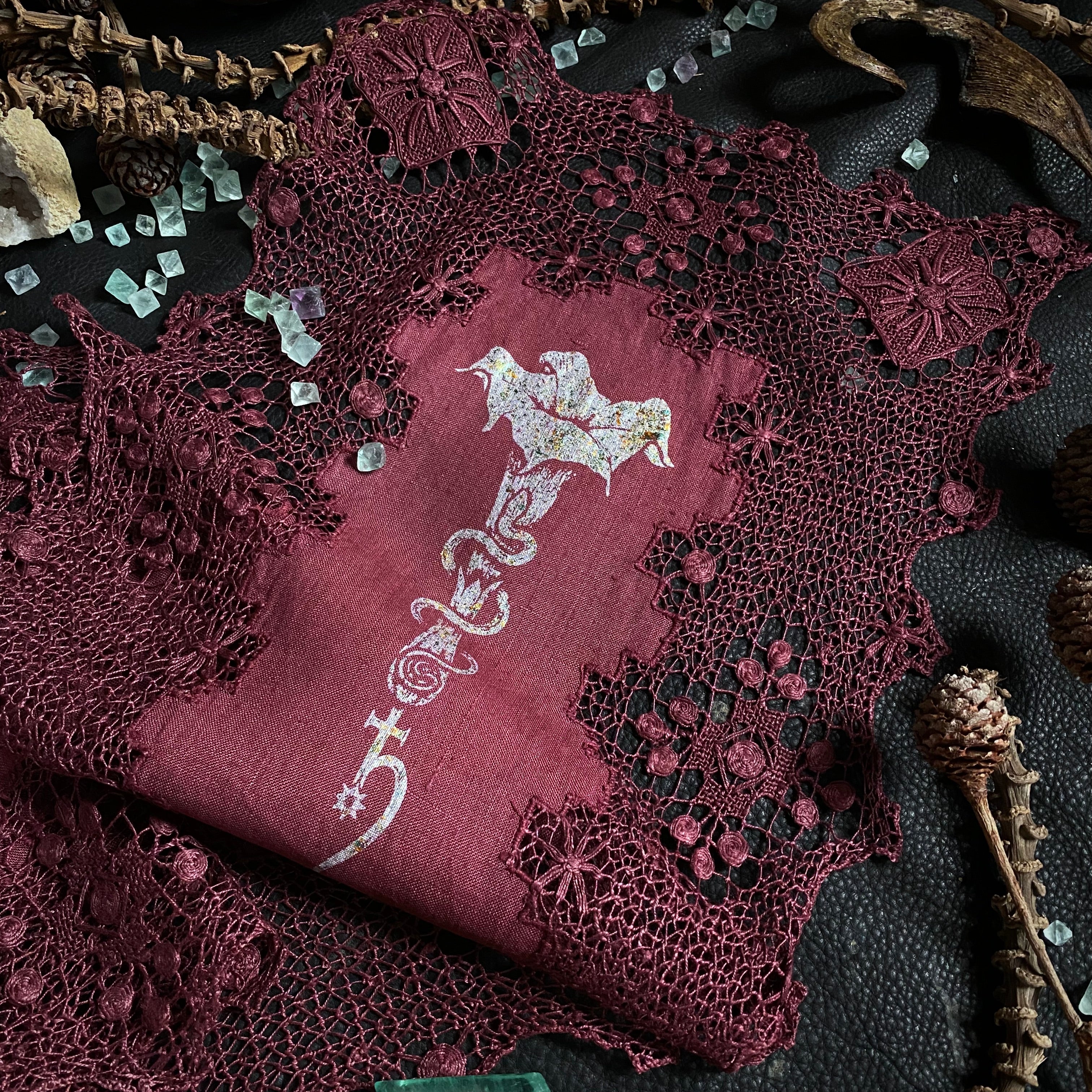 Dual Datura altar cloth runner in Faerie Wine, one-of-a-kind