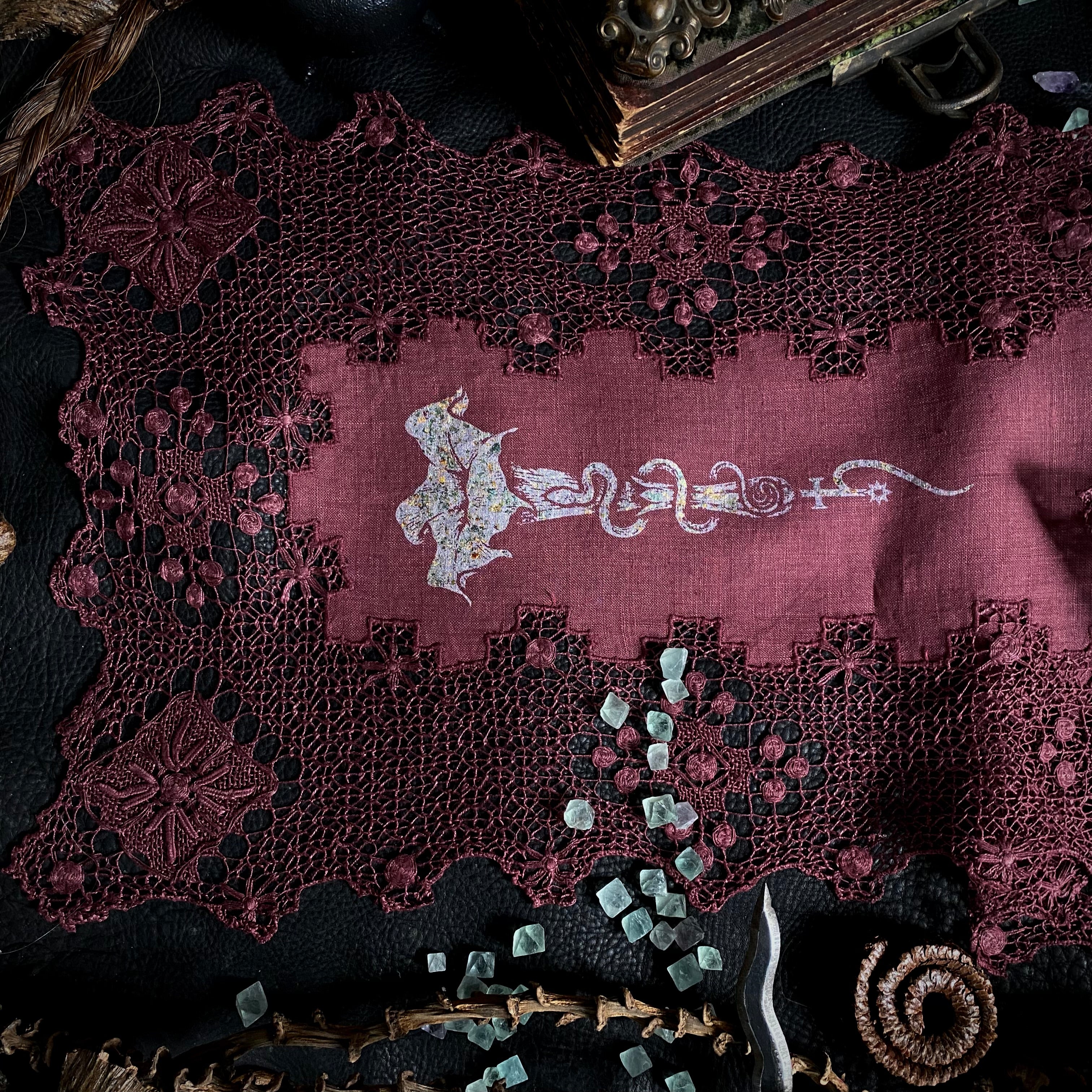 Dual Datura altar cloth runner in Faerie Wine, one-of-a-kind