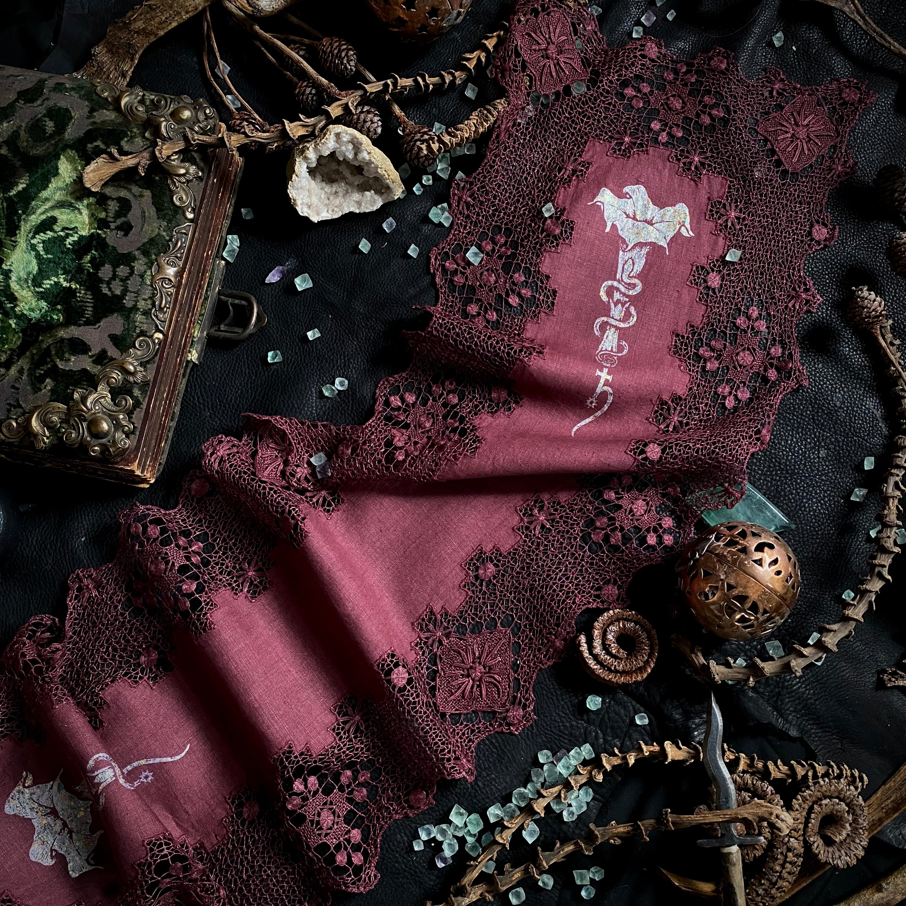 Dual Datura altar cloth runner in Faerie Wine, one-of-a-kind