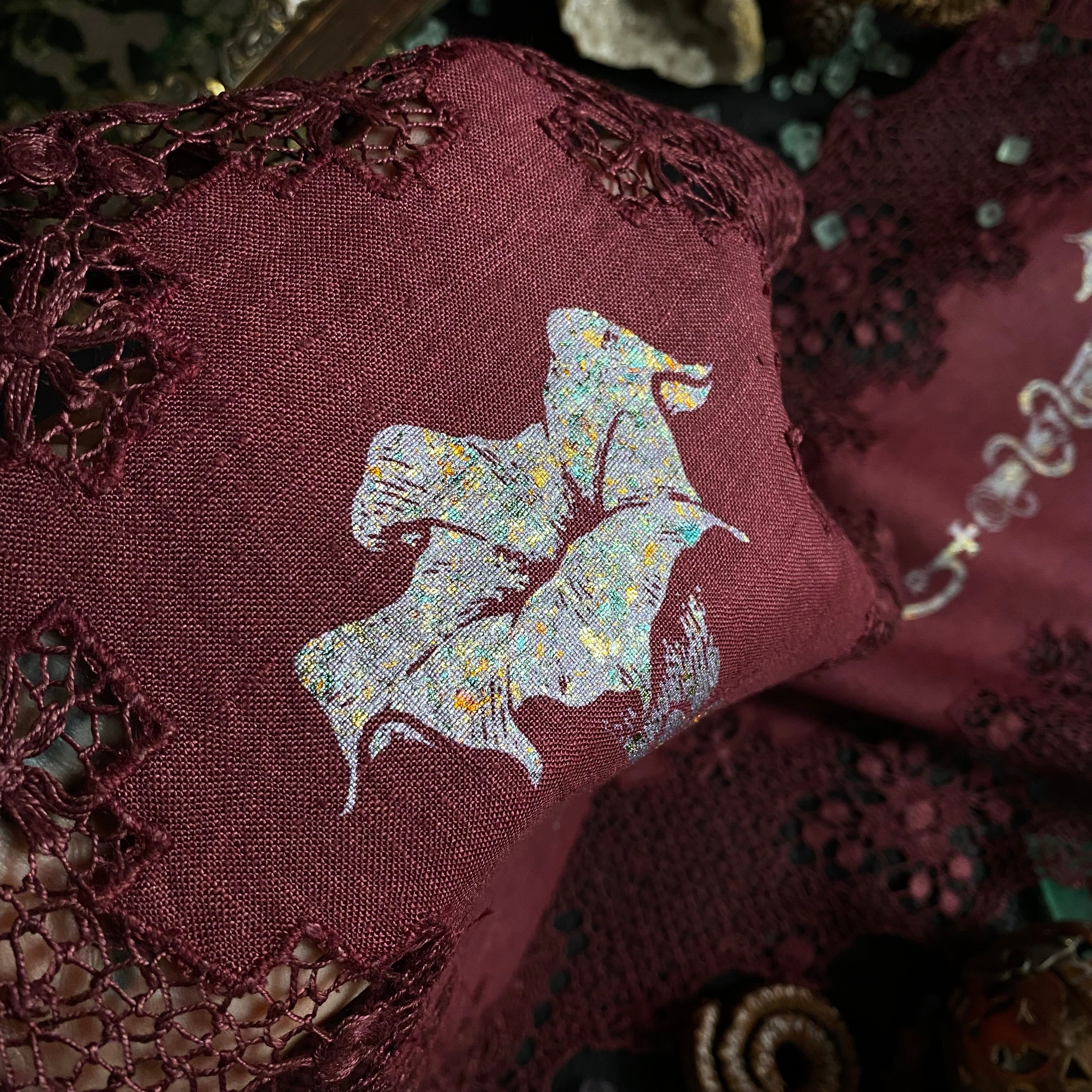 Dual Datura altar cloth runner in Faerie Wine, one-of-a-kind