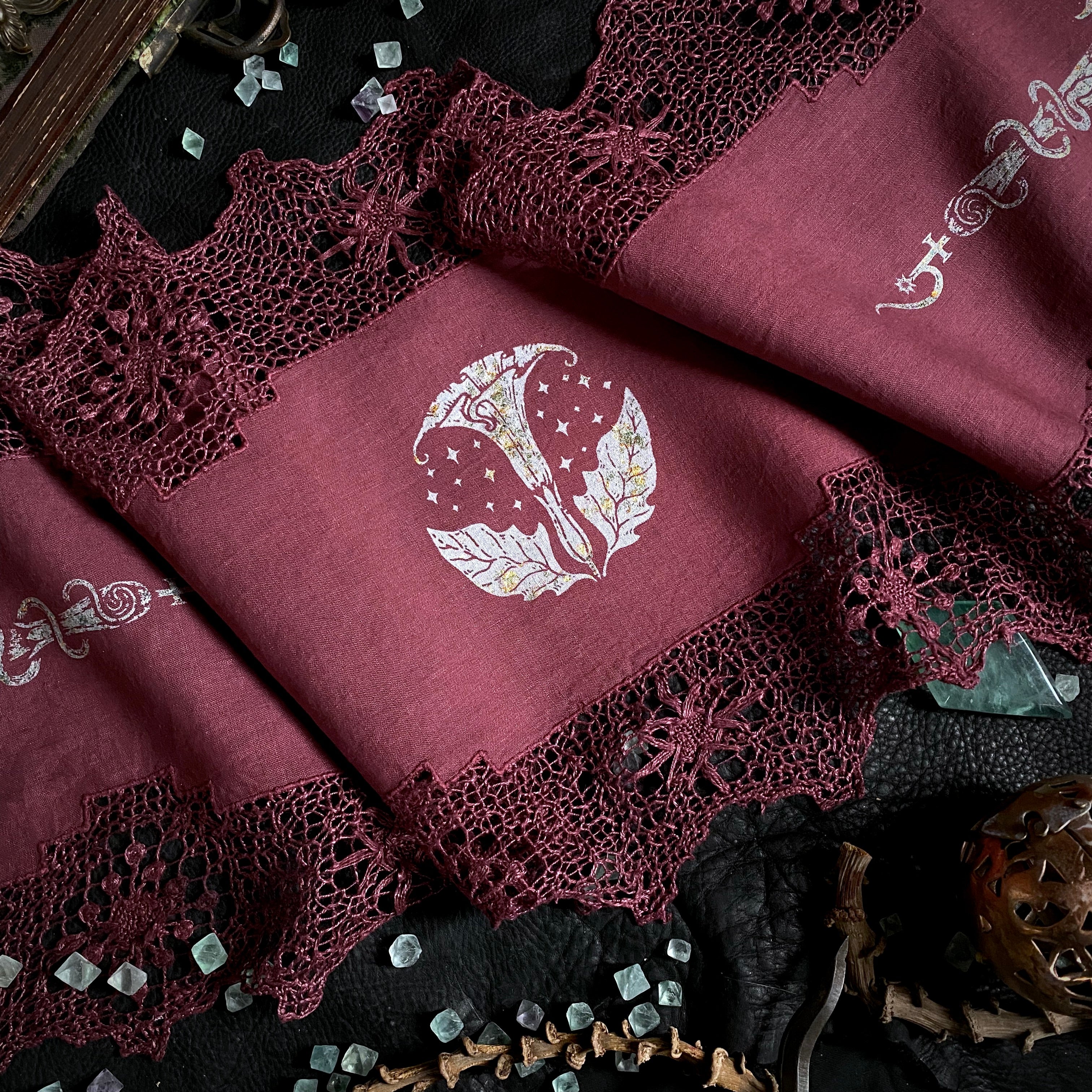 Moonflower altar cloth runner in Faerie Wine, one-of-a-kind