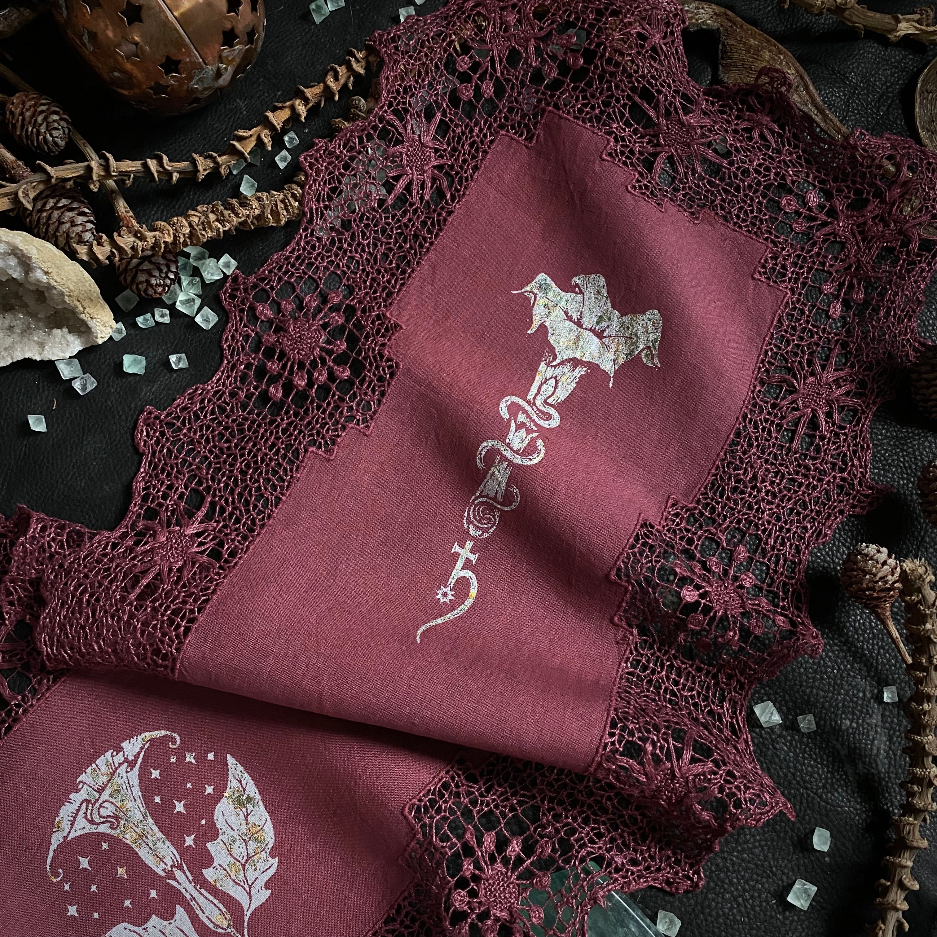 Moonflower altar cloth runner in Faerie Wine, one-of-a-kind