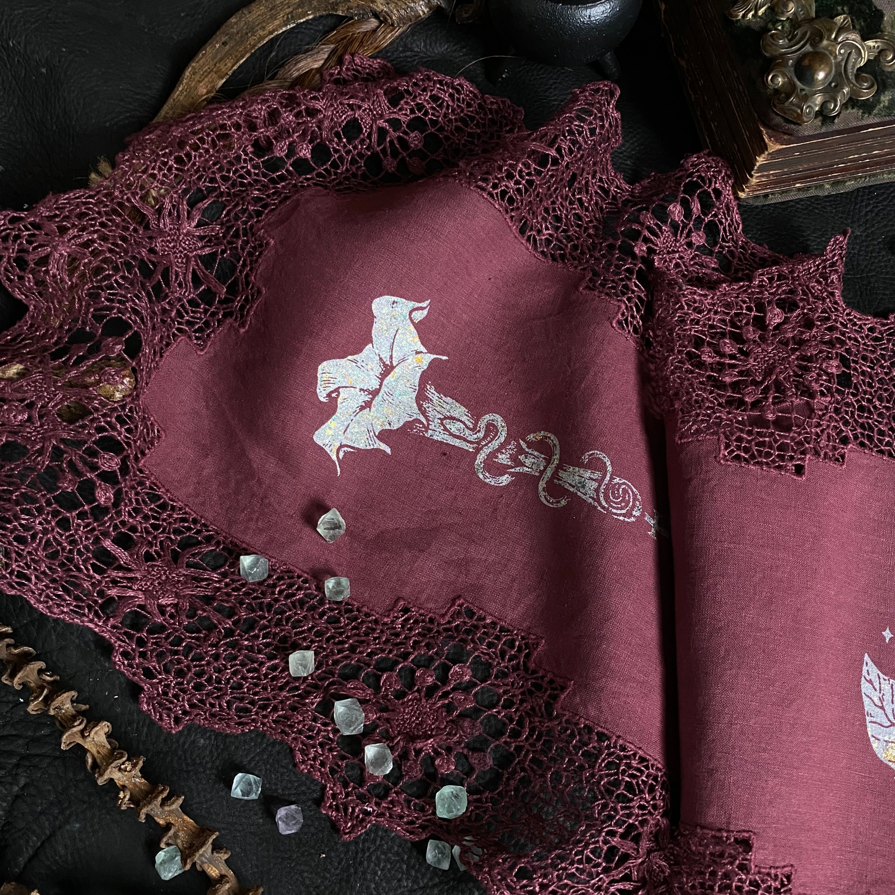 Moonflower altar cloth runner in Faerie Wine, one-of-a-kind