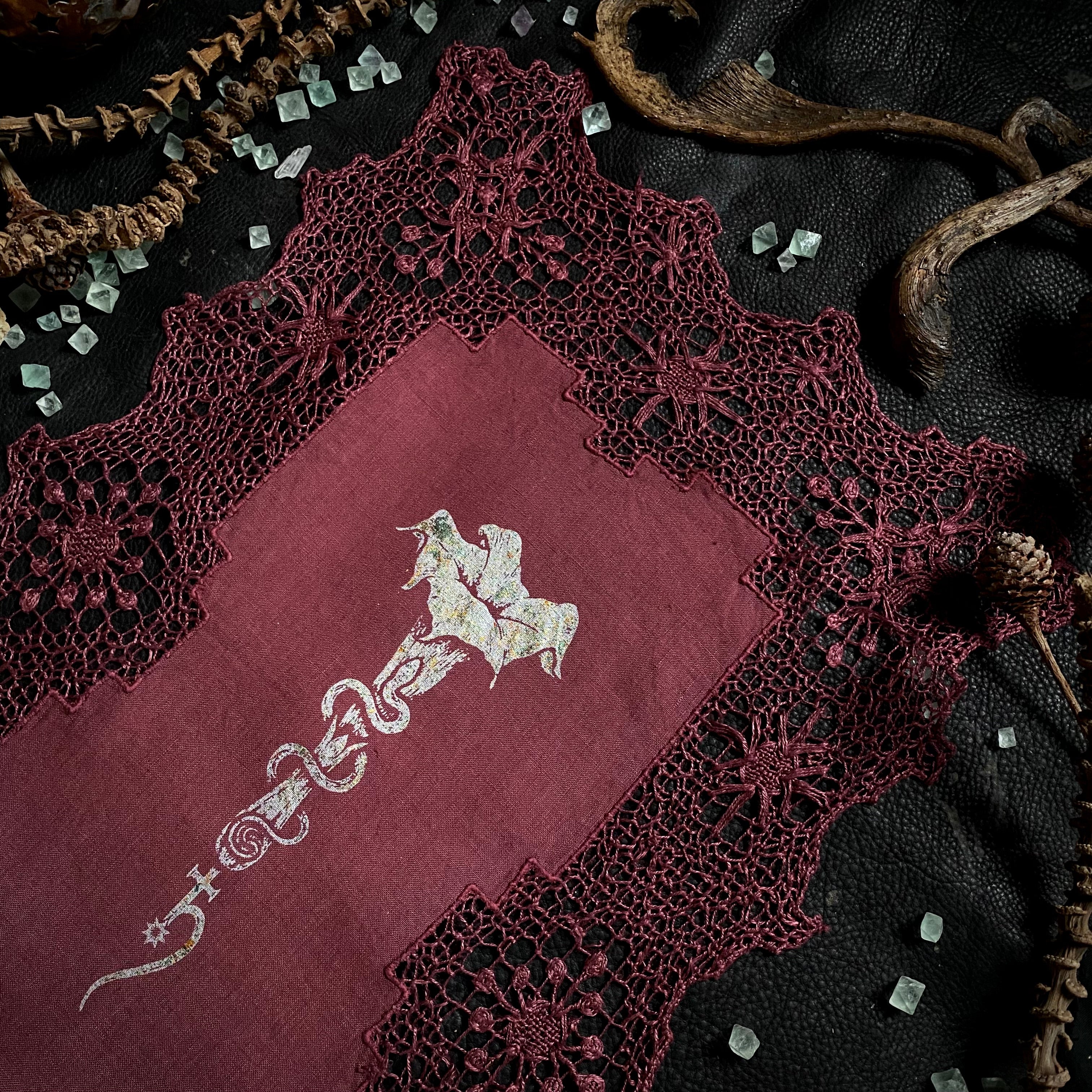 Moonflower altar cloth runner in Faerie Wine, one-of-a-kind