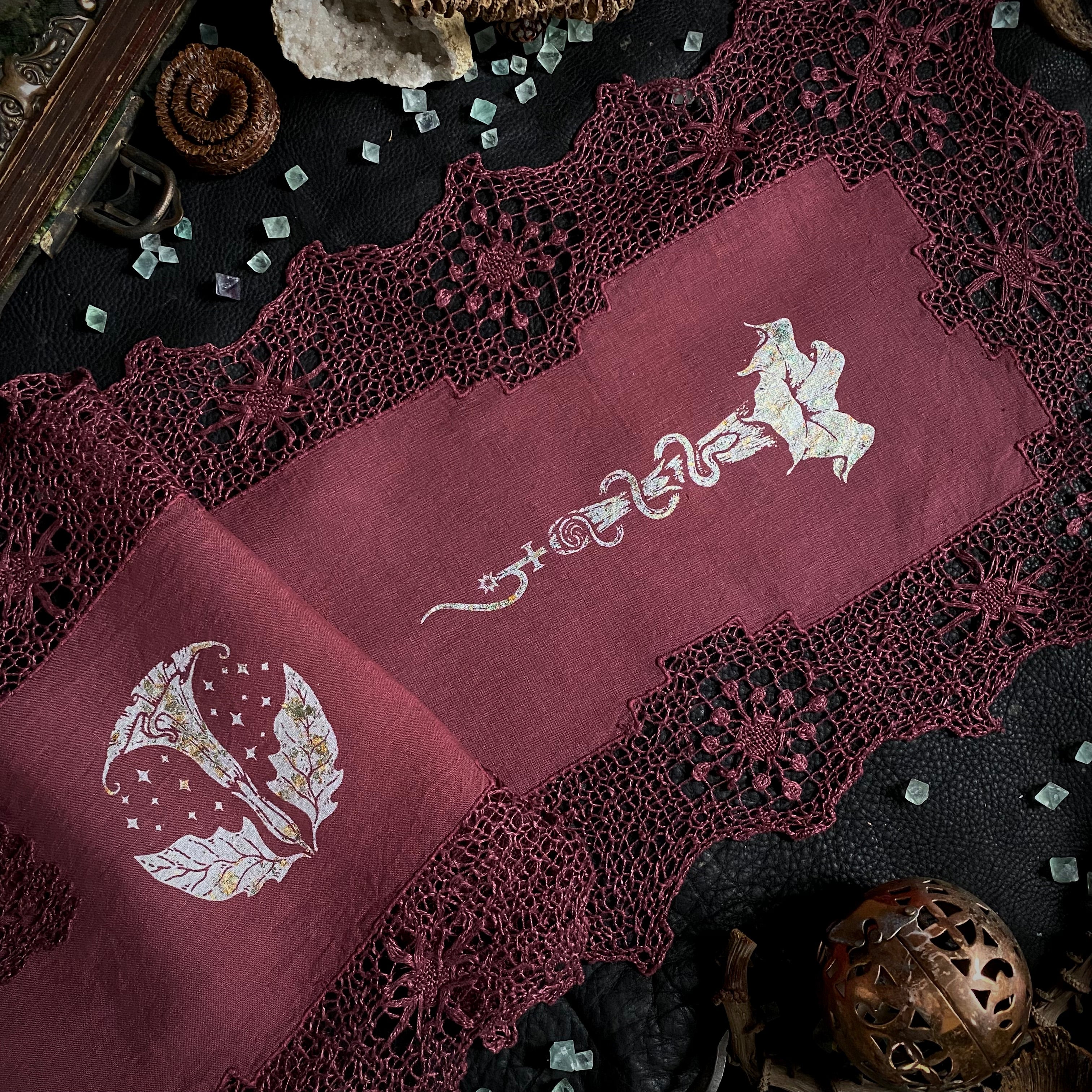 Moonflower altar cloth runner in Faerie Wine, one-of-a-kind
