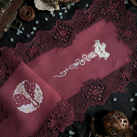 Moonflower altar cloth runner in Faerie Wine, one-of-a-kind