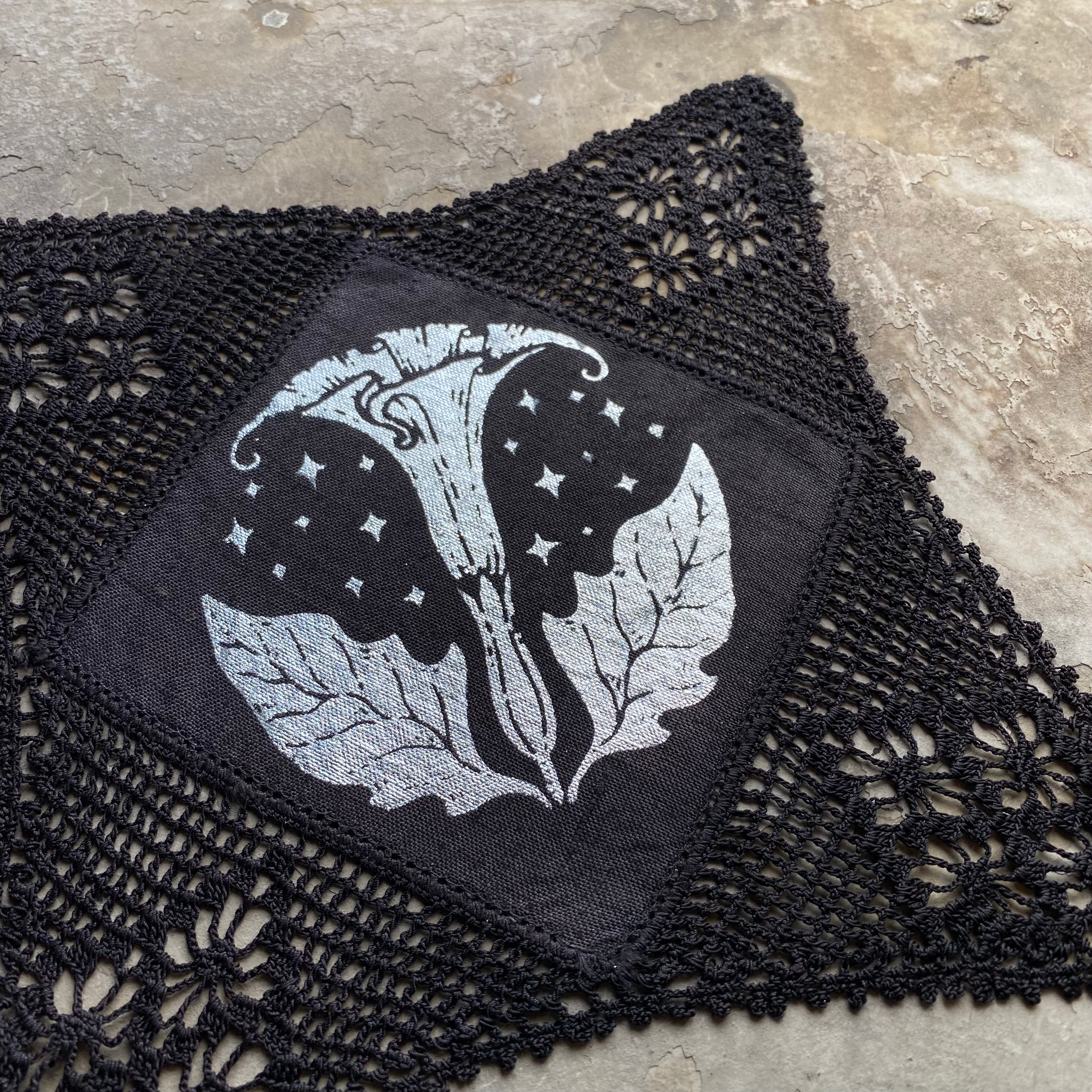 Moonflower small altar cloth in Silver Leaf on Black, limited edition