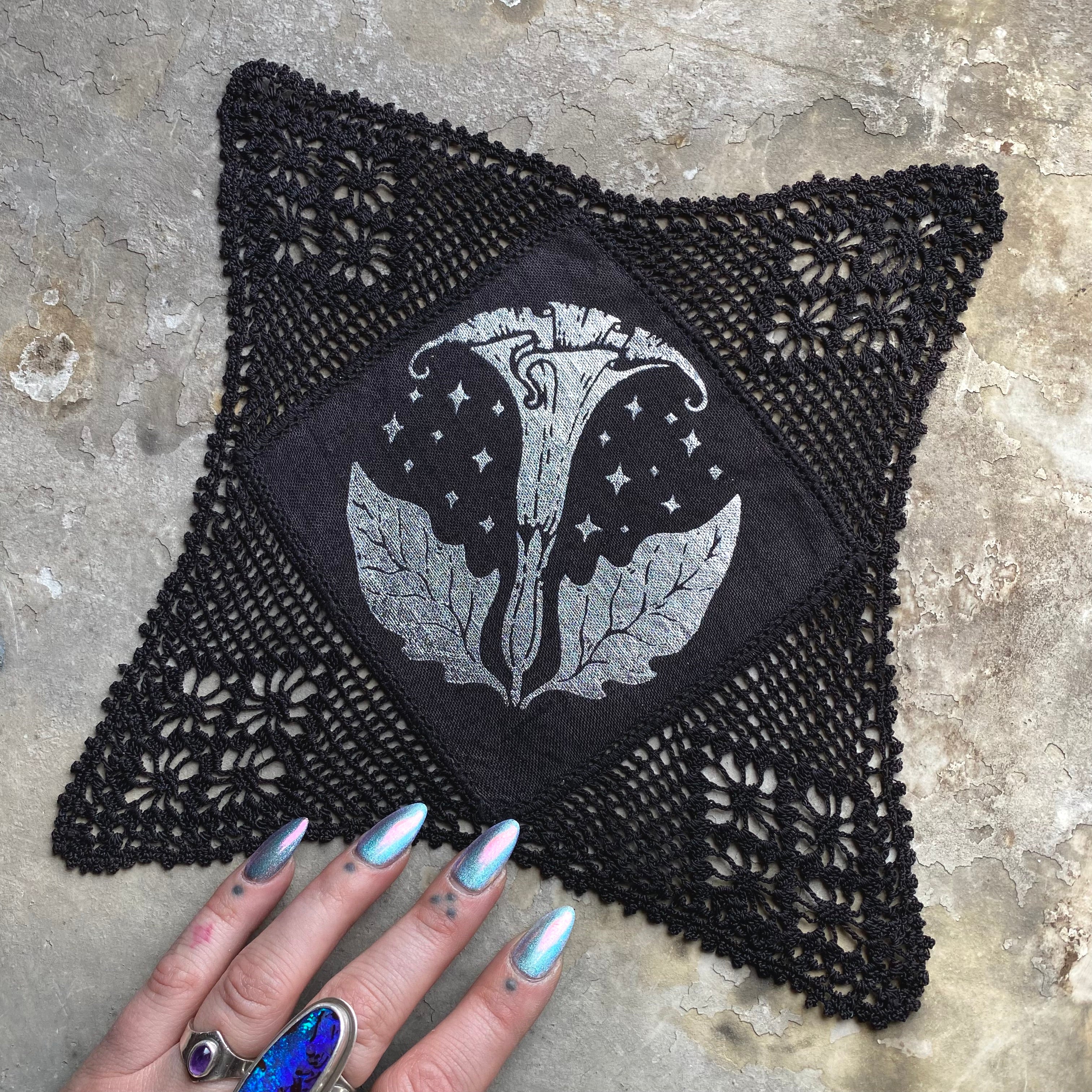 Moonflower small altar cloth in Silver Leaf on Black, limited edition