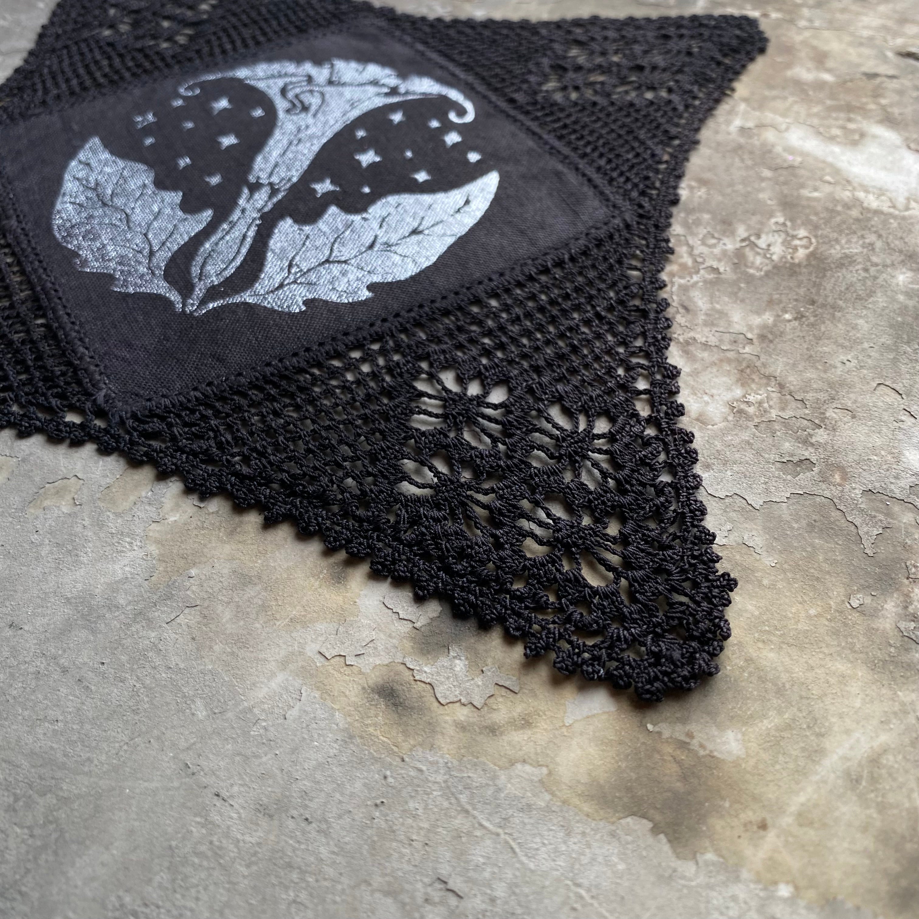 Moonflower small altar cloth in Silver Leaf on Black, limited edition