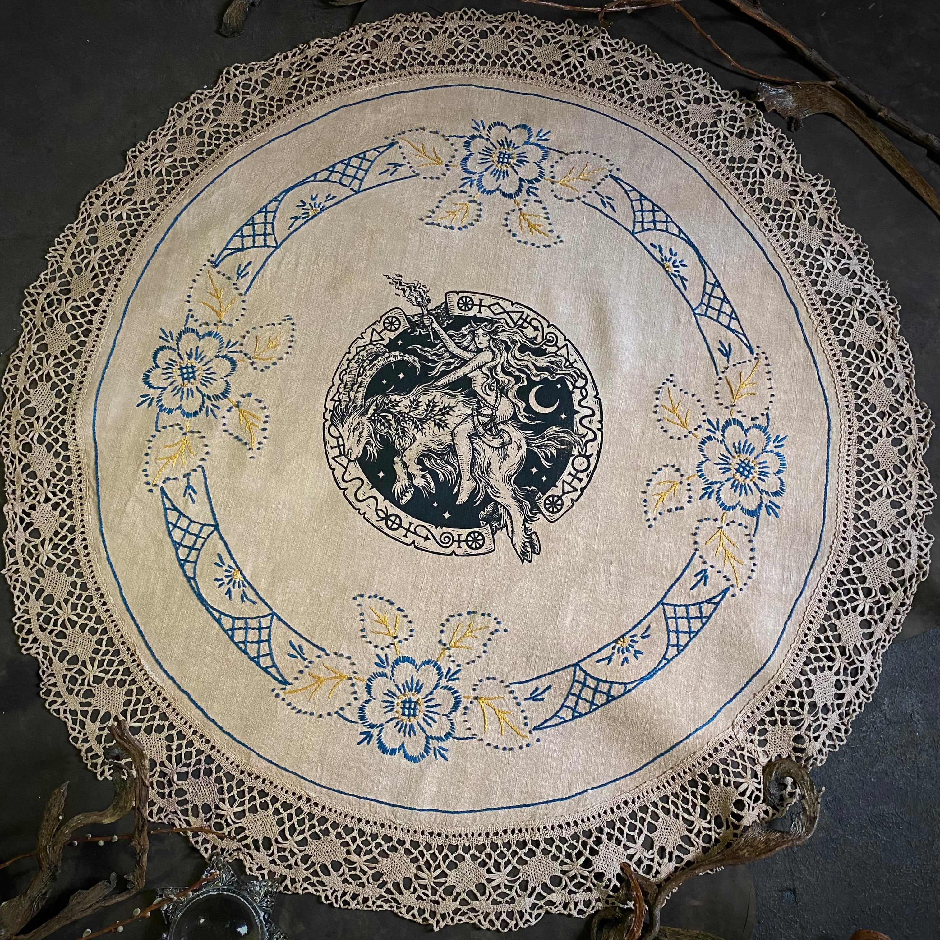 Solstice Ride large round altar cloth in Cornstalk, one-of-a-kind