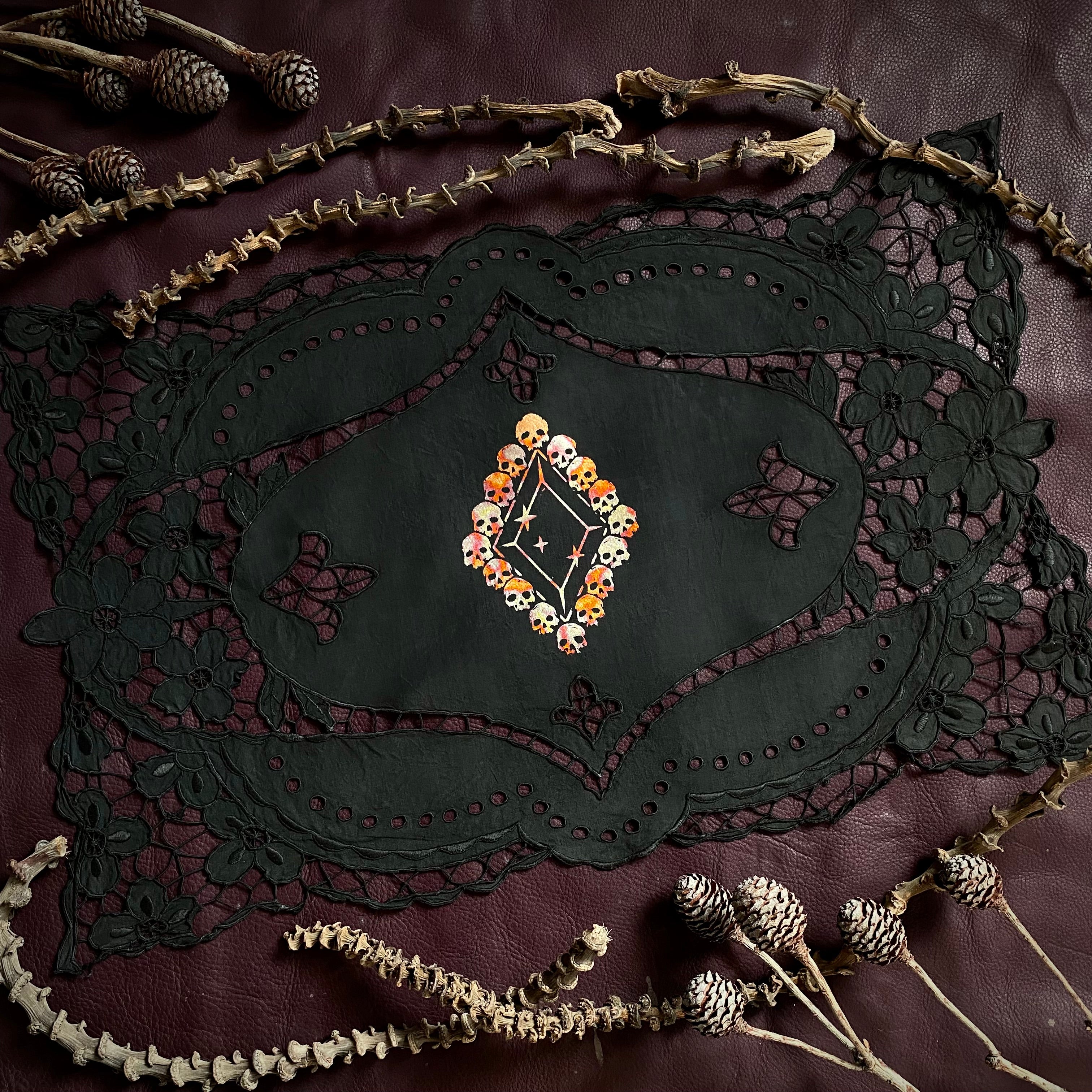 Death Diamond altar cloth in Fire Foil on Black, one-of-a-kind