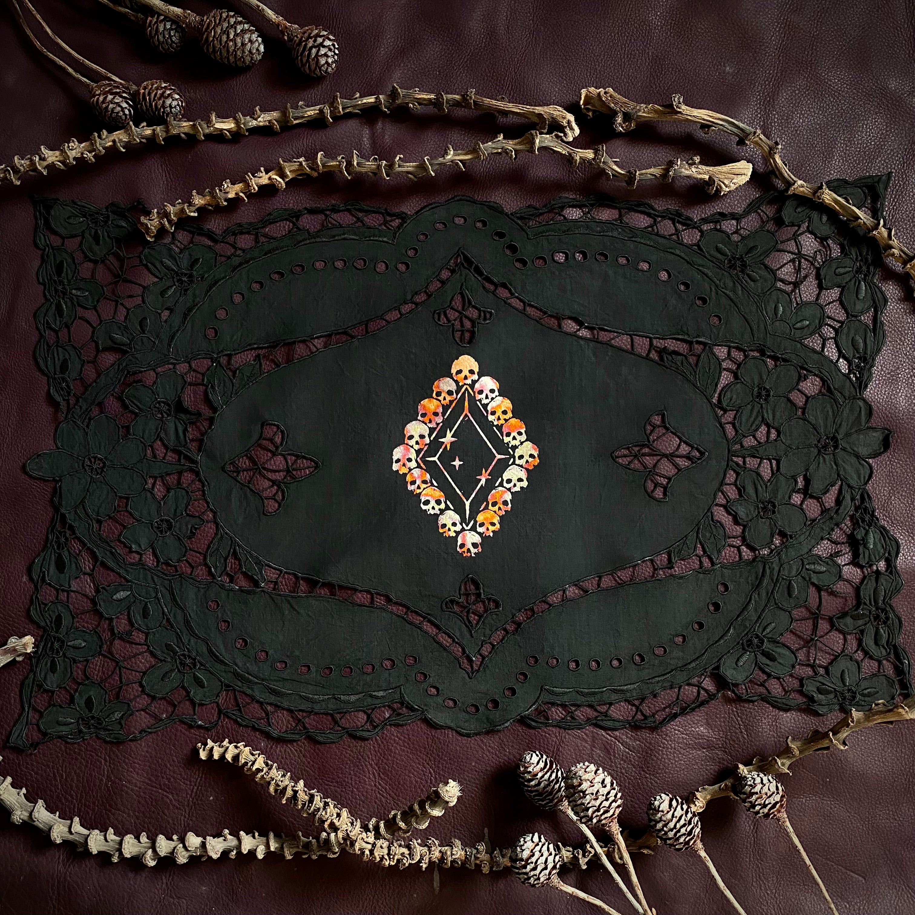 Death Diamond altar cloth in Fire Foil on Black, one-of-a-kind