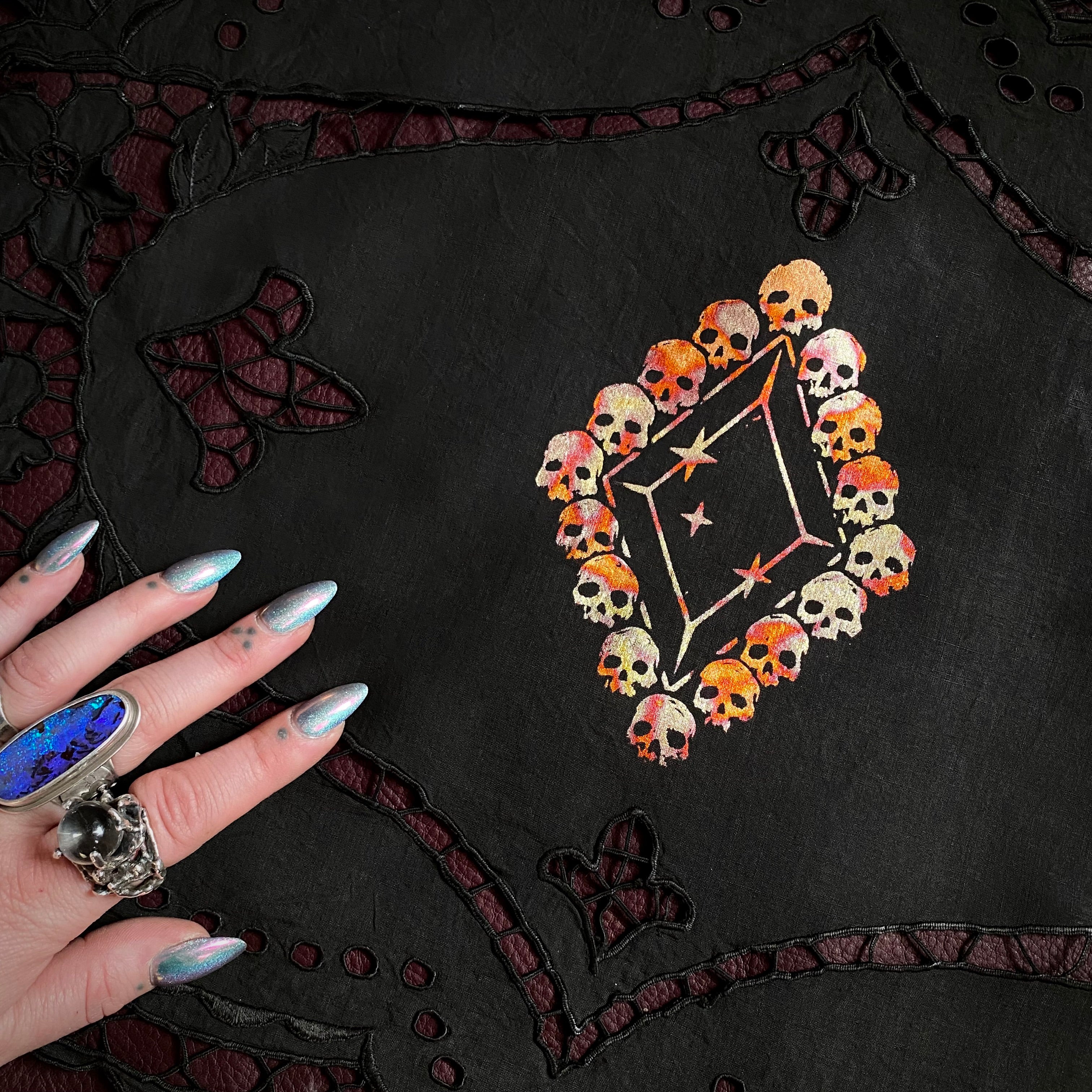Death Diamond altar cloth in Fire Foil on Black, one-of-a-kind