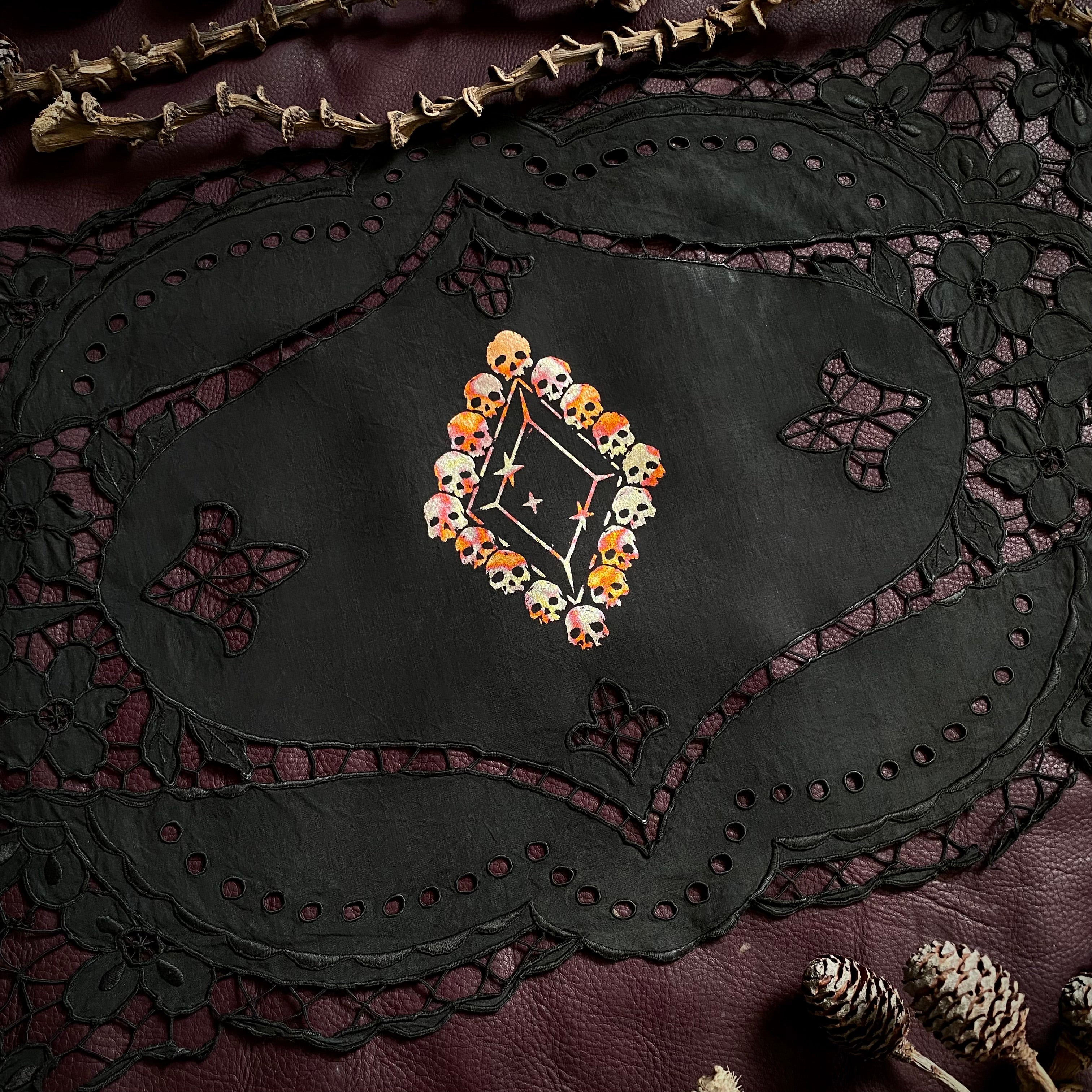 Death Diamond altar cloth in Fire Foil on Black, one-of-a-kind