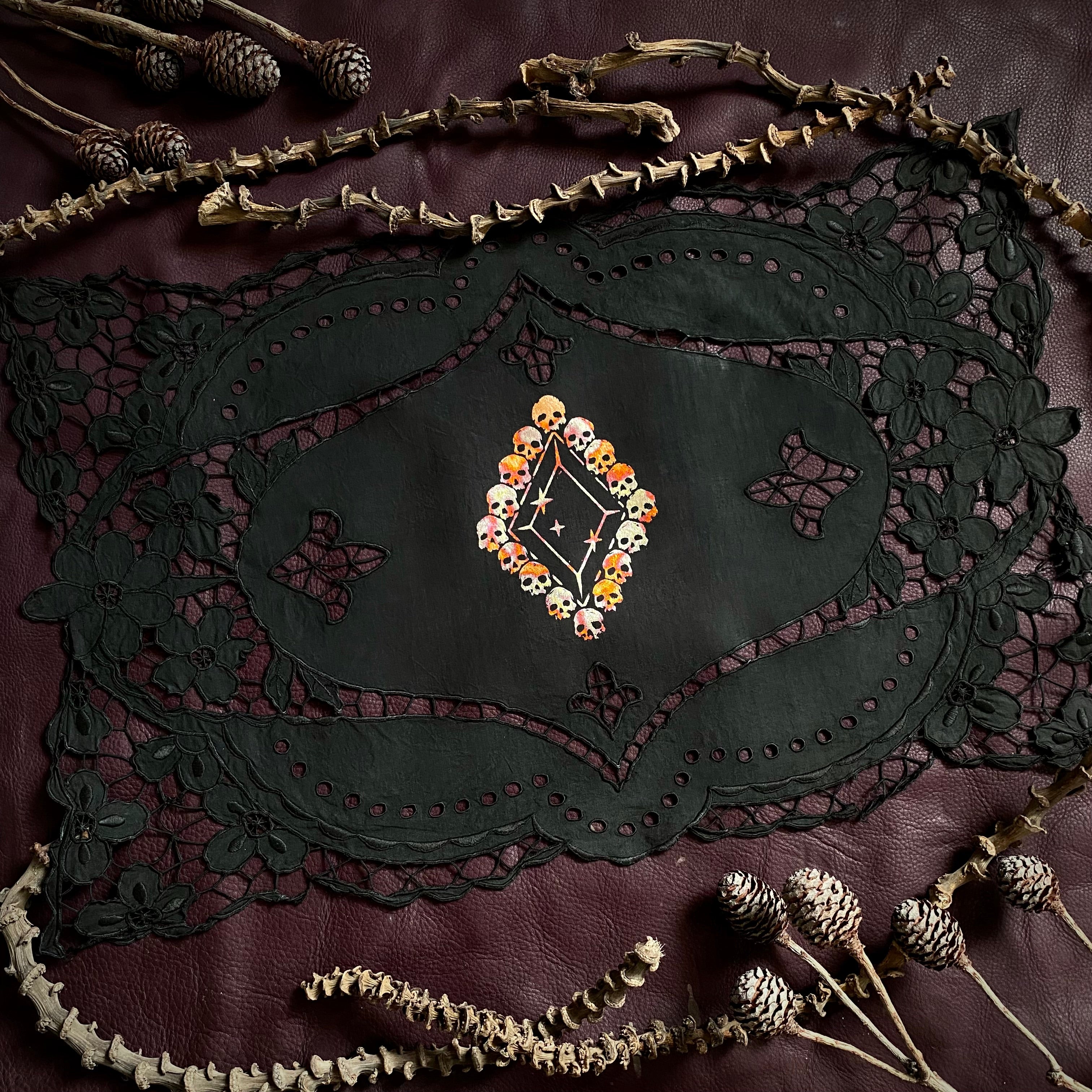Death Diamond altar cloth in Fire Foil on Black, one-of-a-kind
