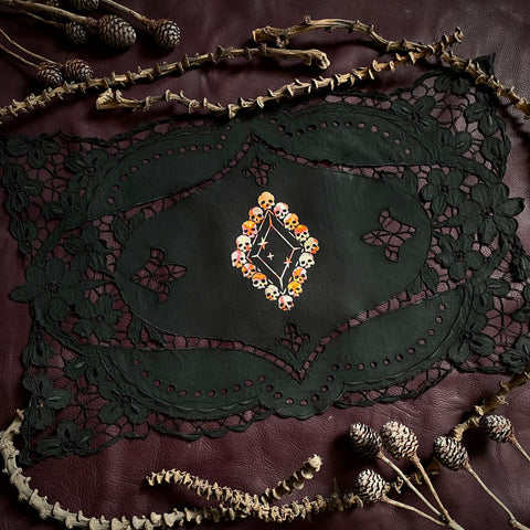 Death Diamond altar cloth in Fire Foil on Black, one-of-a-kind