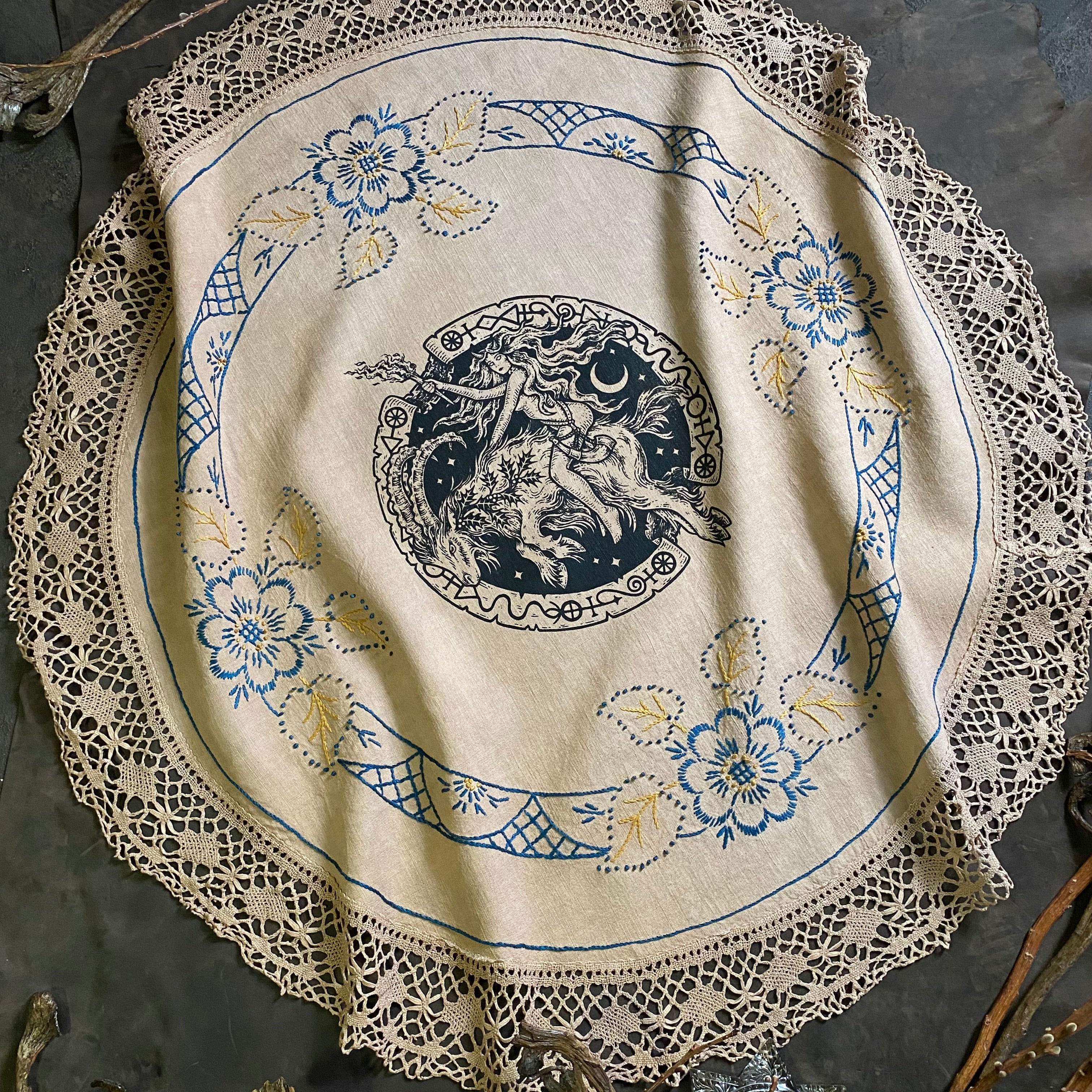 Solstice Ride large round altar cloth in Cornstalk, one-of-a-kind