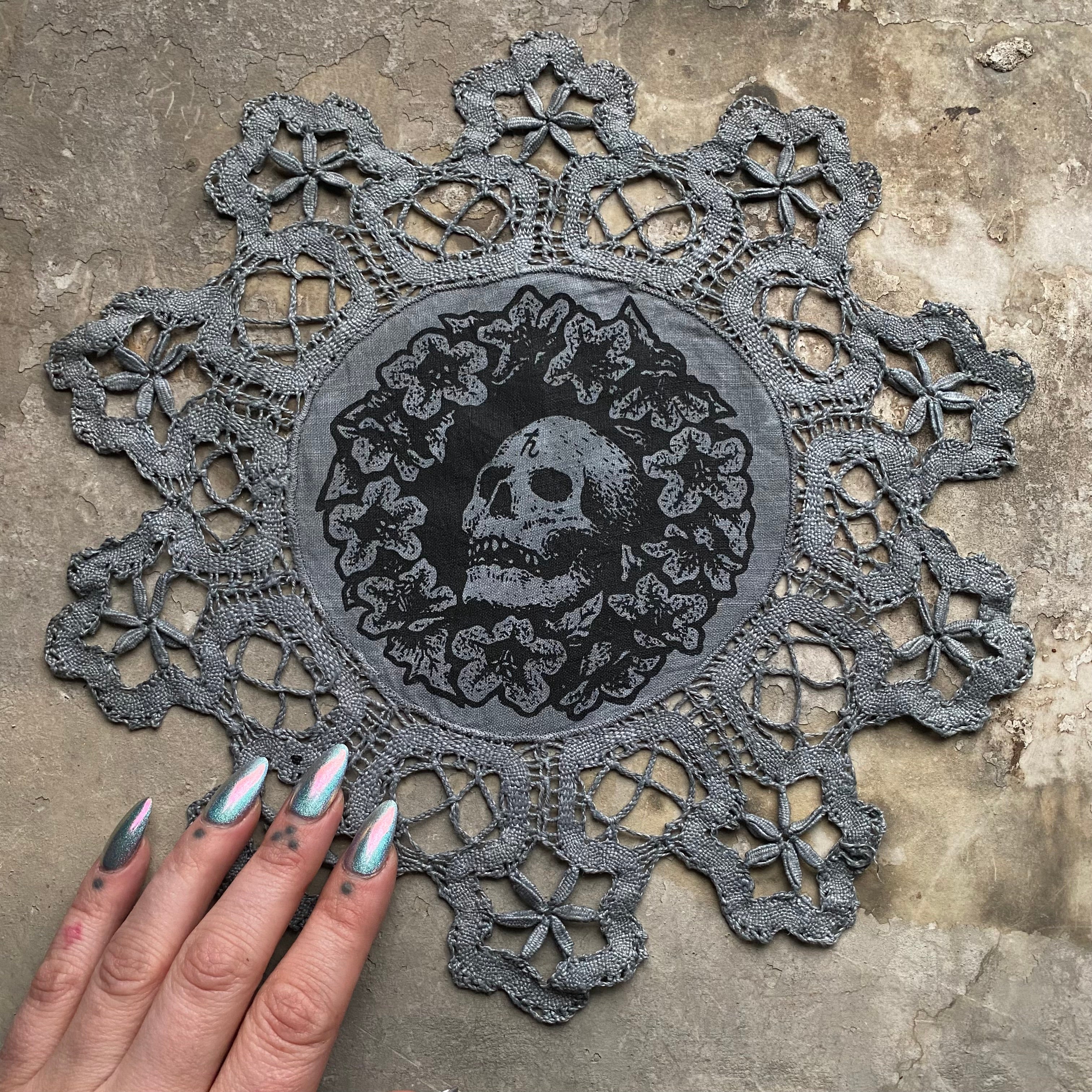 Henbane Wreath small round altar cloth in Ice Crystal, one-of-a-kind