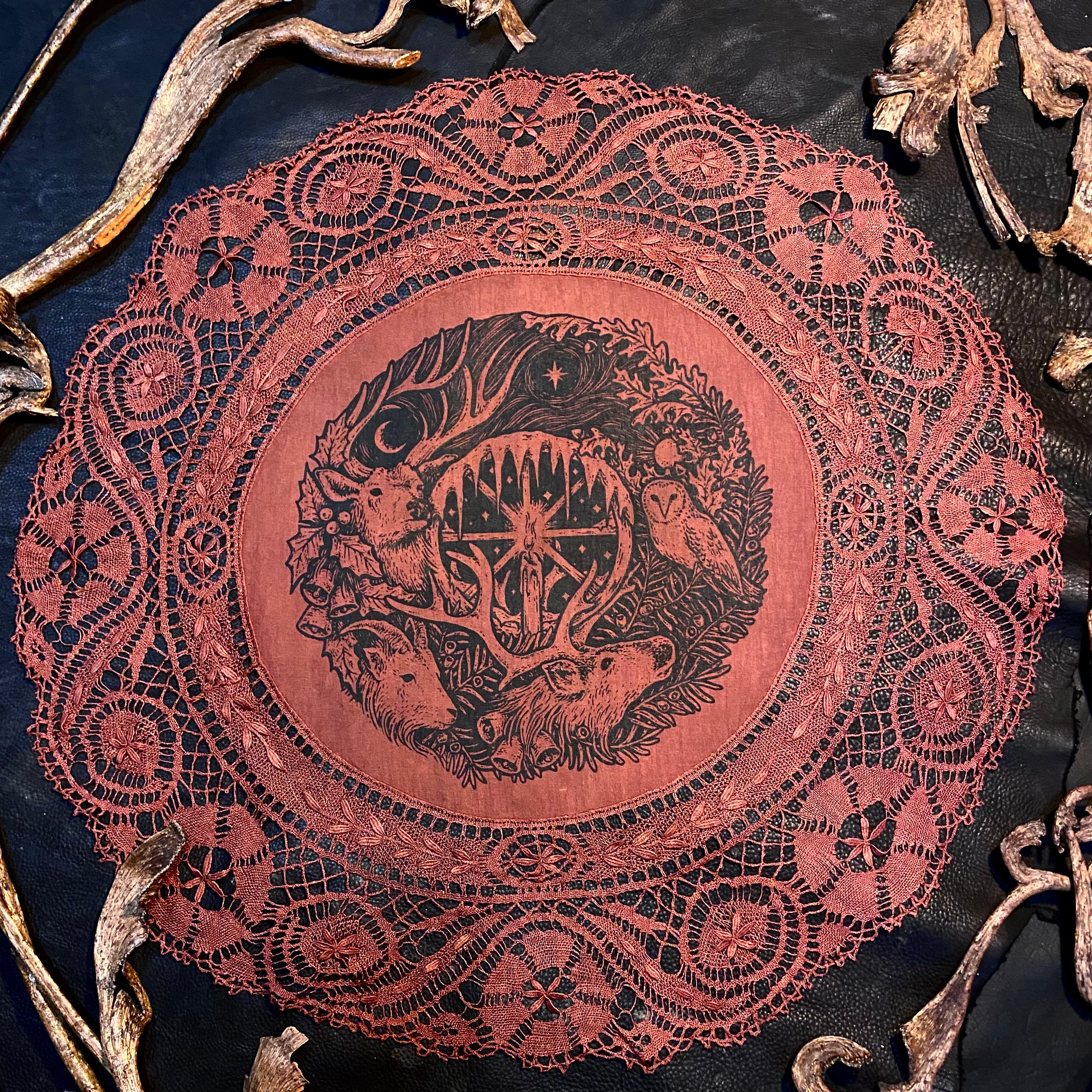 Winter's Wheel round altar cloth in Pomegranate, one-of-a-kind