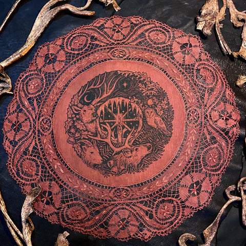 Winter's Wheel round altar cloth in Pomegranate, one-of-a-kind