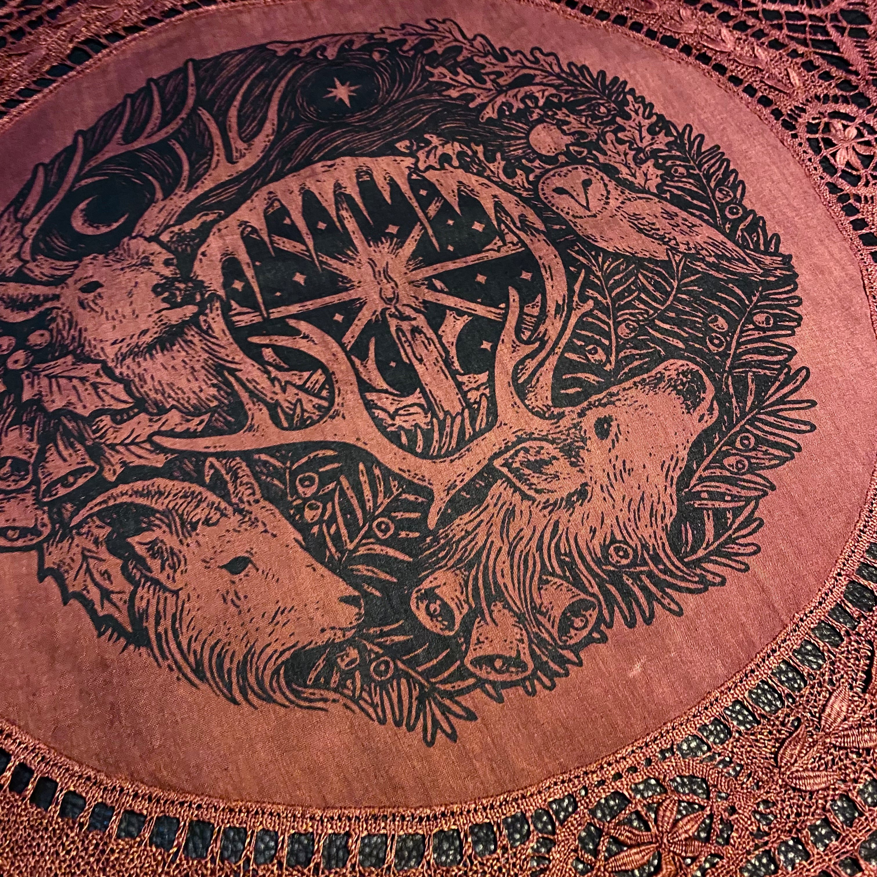 Winter's Wheel round altar cloth in Pomegranate, one-of-a-kind