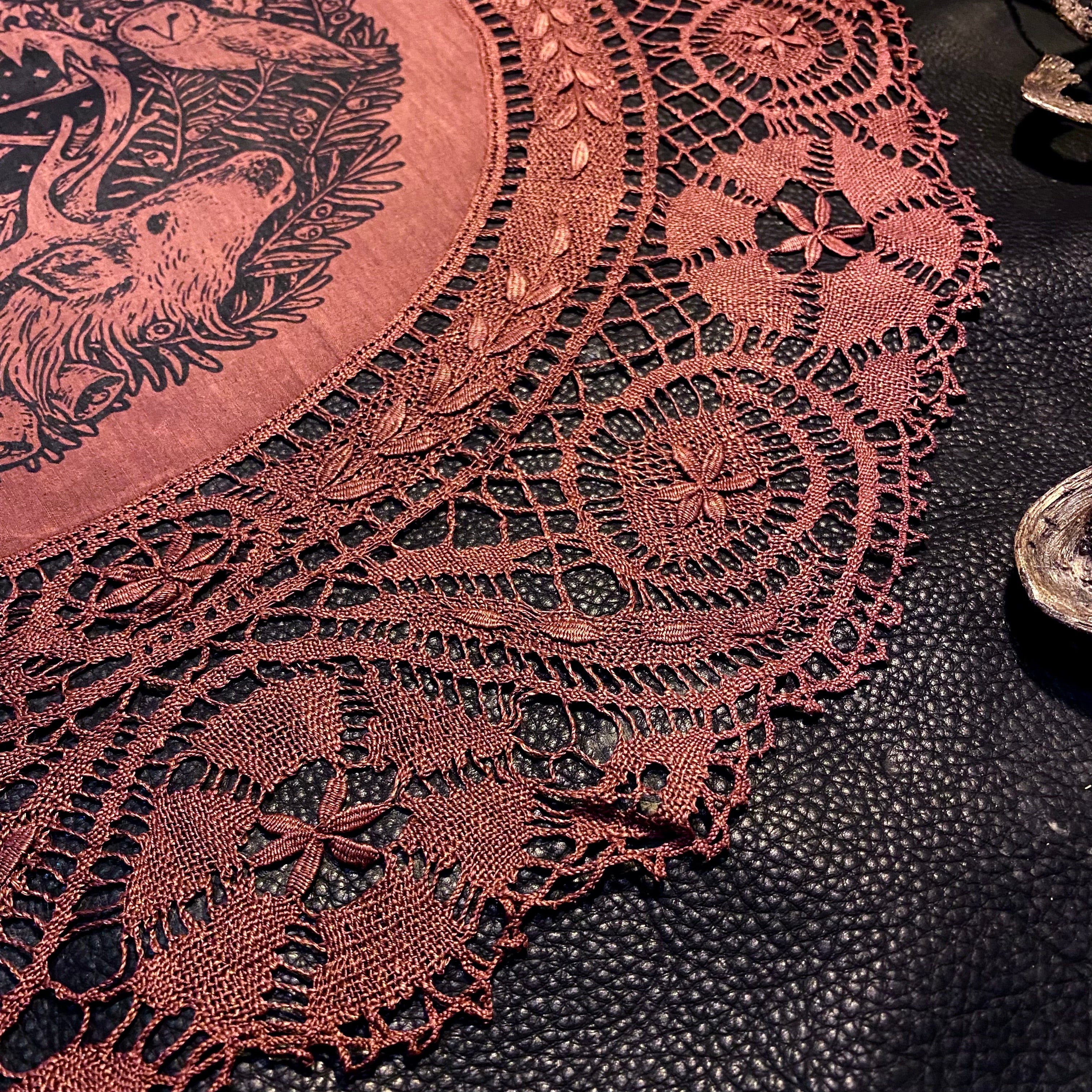 Winter's Wheel round altar cloth in Pomegranate, one-of-a-kind