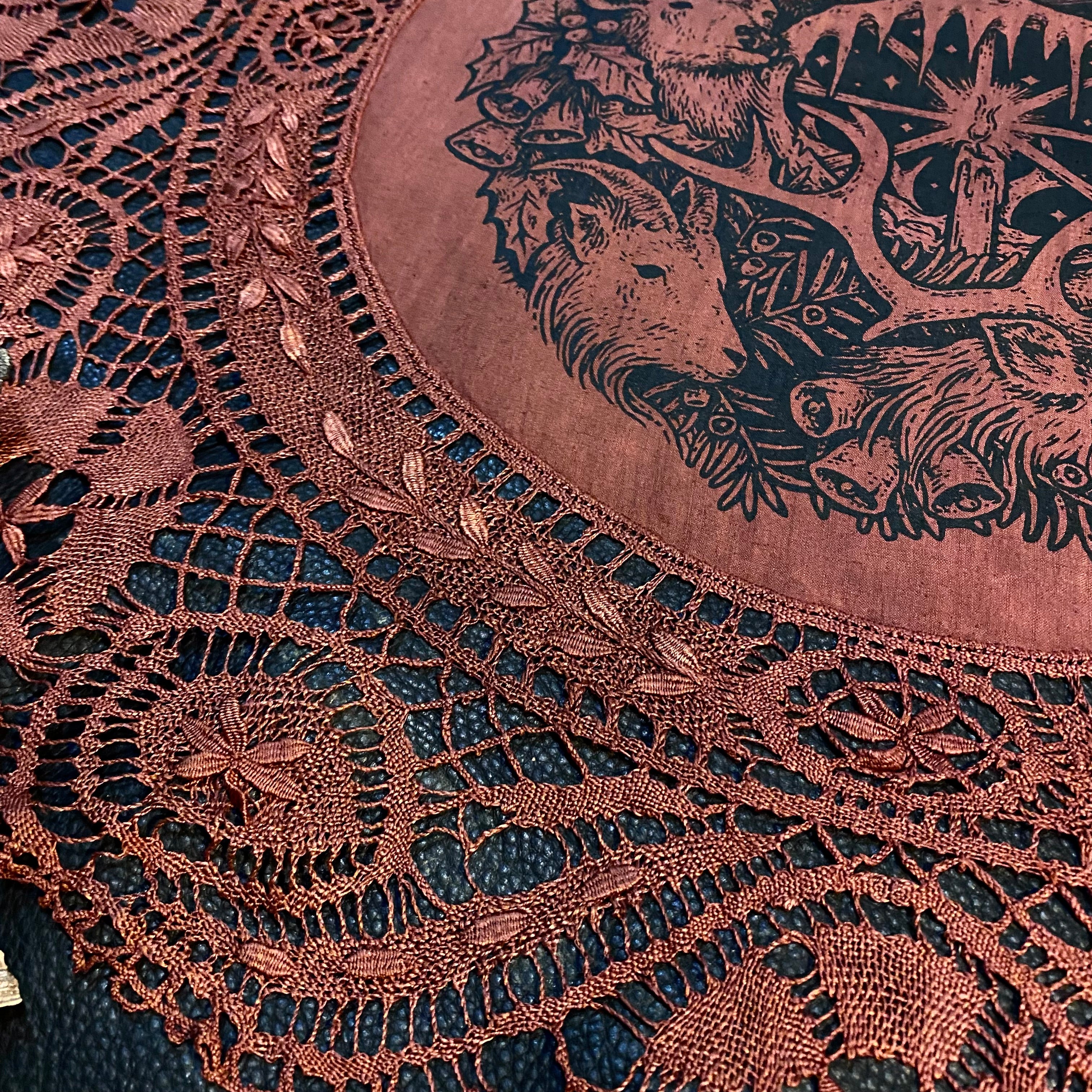 Winter's Wheel round altar cloth in Pomegranate, one-of-a-kind